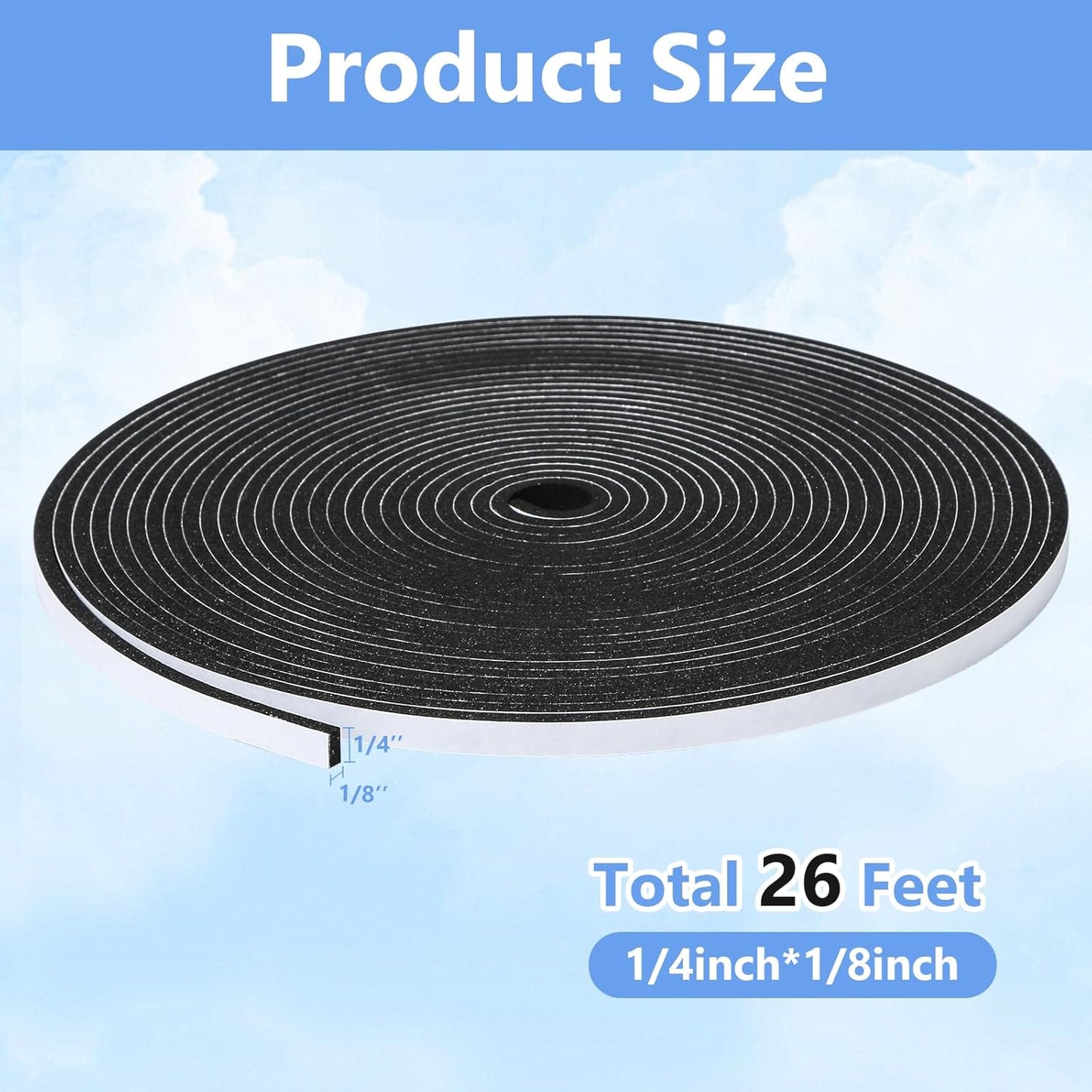 Weather Stripping Door Seal Strip- 1/4 Inch X 1/8 Inch X 26Feet, Strong Adhesive, Lightproof, Soundproof, Weatherproof Foam Tape Insulation for Sliding Door, Front Door Frame, Windows- Black