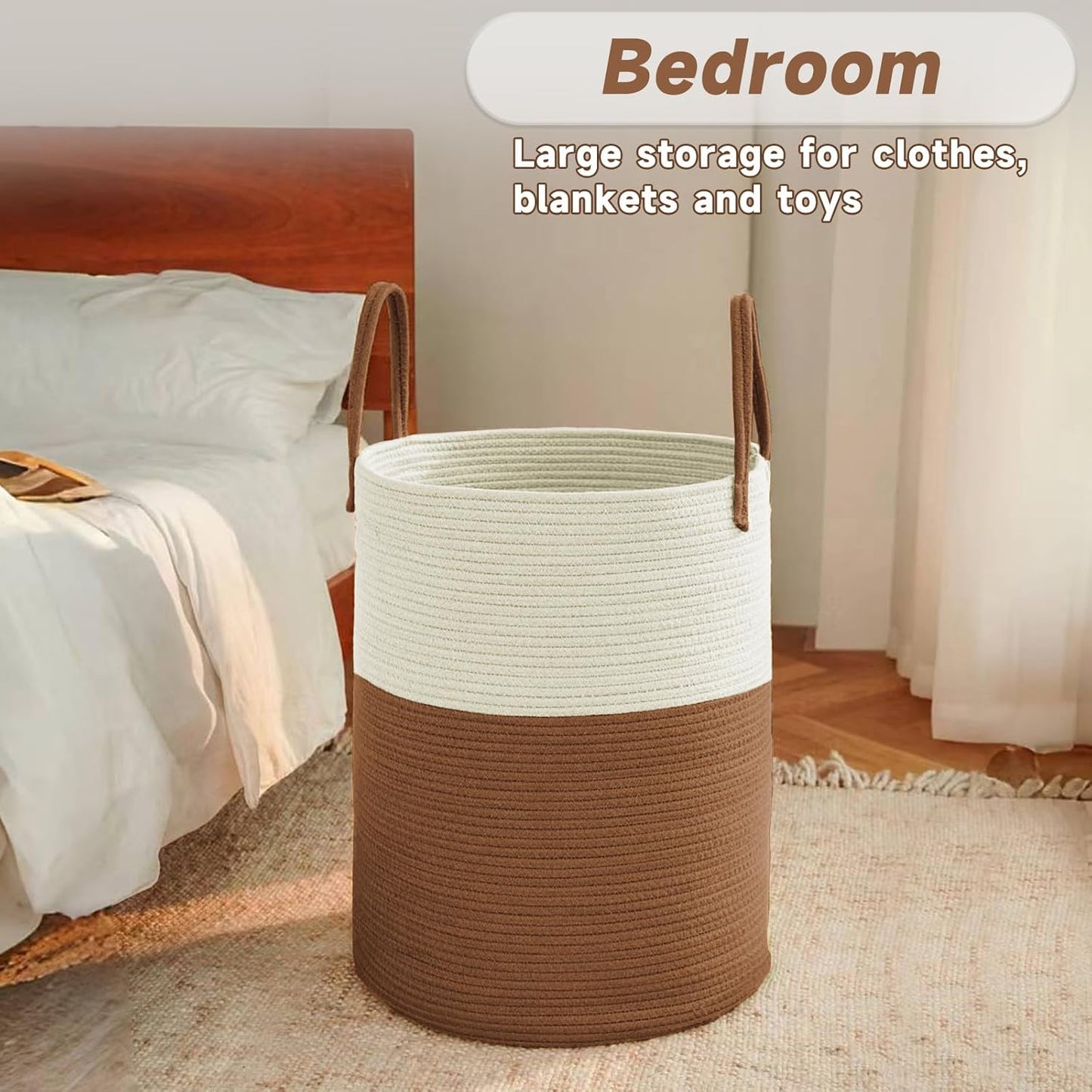 Large Woven Laundry Basket Hamper,100L Cotton Rope Storage Bin for Blankets,Toys and Clothes,Decorative Tall Nursery Hamper for Living Room,Baby Nursery,Bathroom and Bedroom,White and Brown