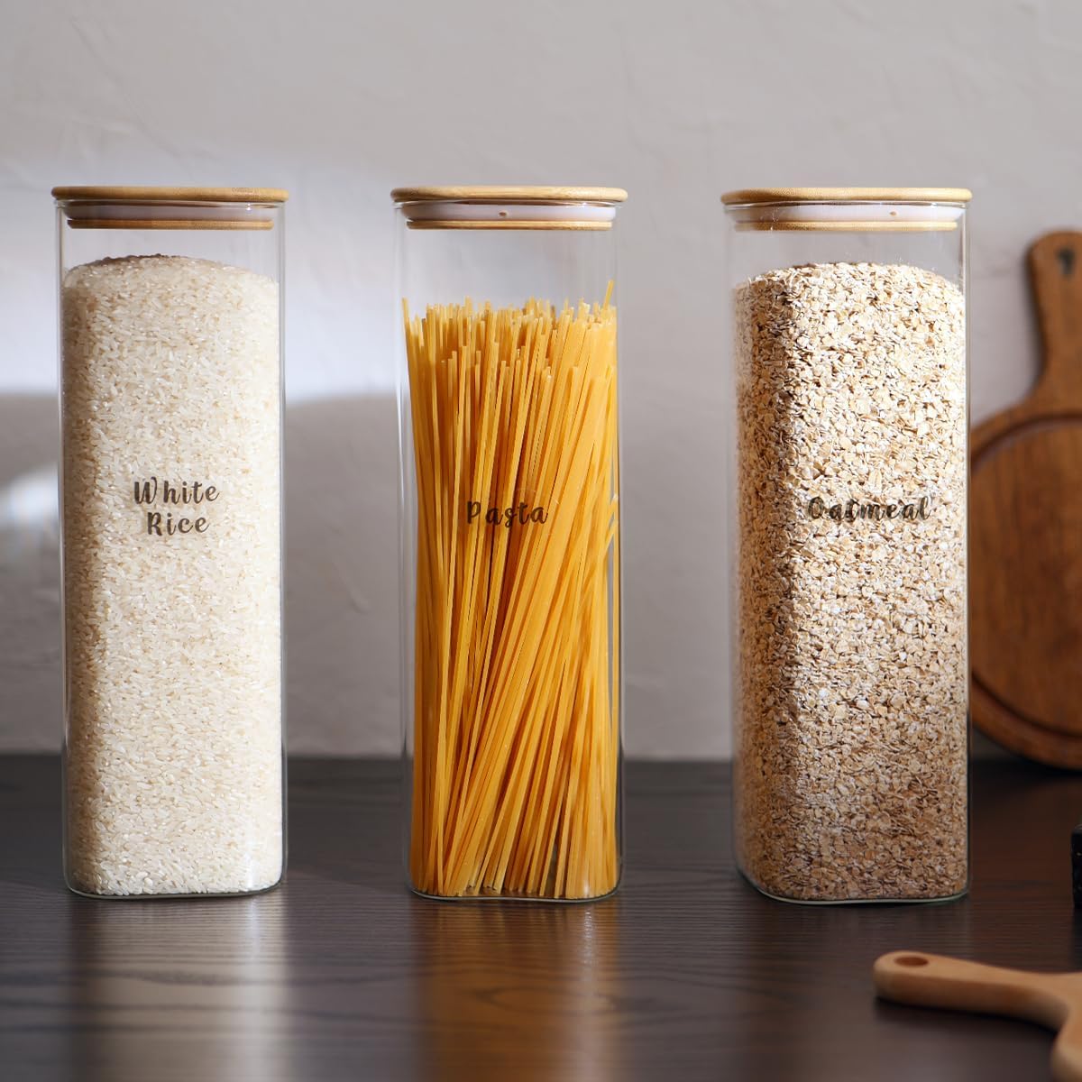 3 Pcs Square Glass Pantry Storage Containers with Bamboo Airtight Lid and 248 Clear Pantry Labels Preprinted - 74oz Thicken Glass Food Storage Jars for Coffee, Cookie, Tea, Sugar, Spice