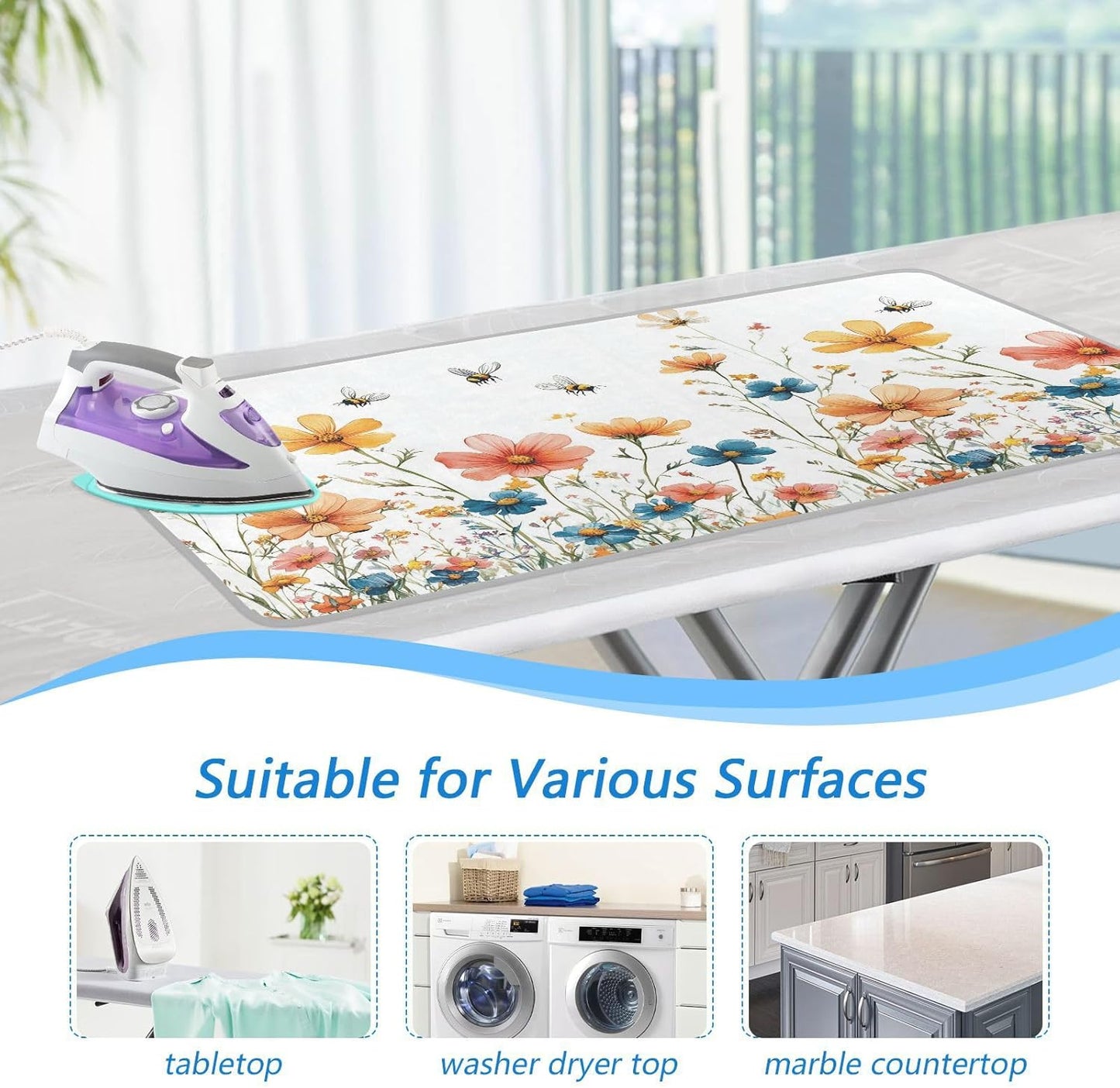 Yellow Wildflower Bees White Ironing Mat for Table top Portable Ironing Pad Blanket for Washer Dryer Countertop Travel