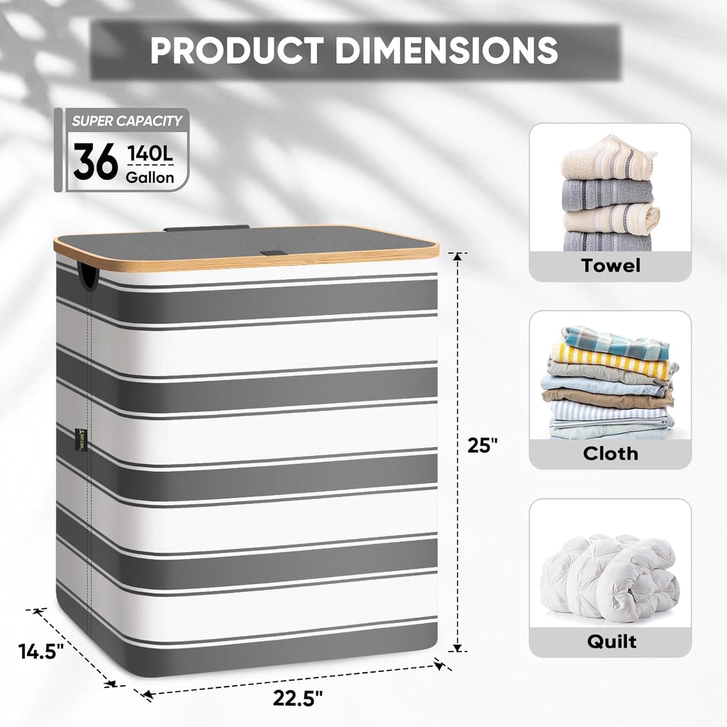 BALEINE Laundry Hamper with Lid, Tall Laundry Baskets with Bamboo Pull Handles, Large Laundry Bin with Internal Support (36 Gal/140L, Grey Stripe)