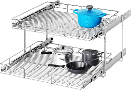 2 Tier Individual Pull Out Cabinet Organizer 31½" W x 21½" D, Heavy Duty Cabinet Pull Out Shelves, Slide Out Drawers Organization for Kitchen Cabinets Bathroom