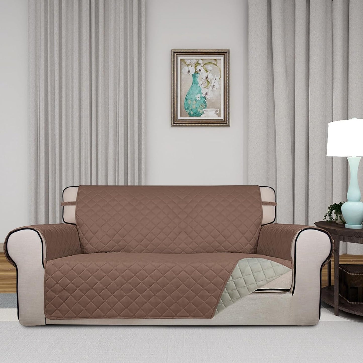 PureFit Reversible Quilted Sofa Cover, Water Resistant Slipcover Furniture Protector, Washable Couch Cover with Non Slip and Elastic Straps for Kids, Dogs, Pets (Oversized Loveseat, Brown/Beige)