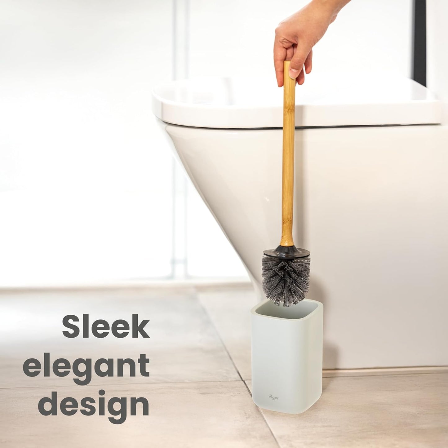 Vigar Zense Toilet Brush and Holder Set, Toilet Bowl Brush with Polyresin Stone Holder, Bathroom Sets for Bathroom Decor and Accessories, Light Gray