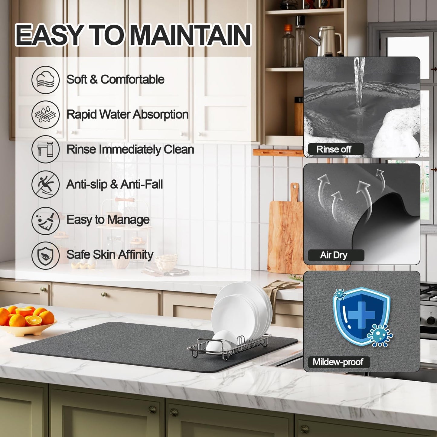 Dish Drying Mat for Kitchen Counter | Coffee Bar Mat for Countertops | Heat Resistant Drainer Mat with Non-slip Rubber Backed | Hide Stain Kitchen Absorbent Draining Mat | Dark Grey 16"x18"