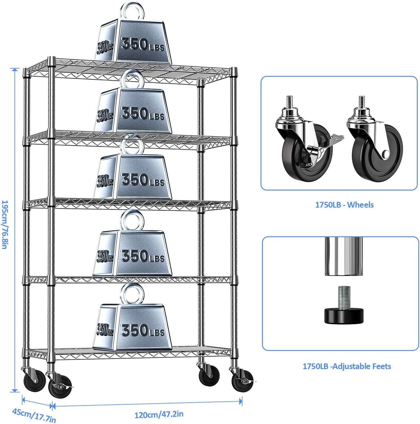 IZEUK 5-Tier Storage Shelving Unit with Wheels, Adjustable Heavy Duty Steel Wire Rack Organizer (Chrome, 17.7" D x 47.2" W x 76.7" H, 1750 lbs Capacity) for Garage, Kitchen, Pantry, Laundry, Basement