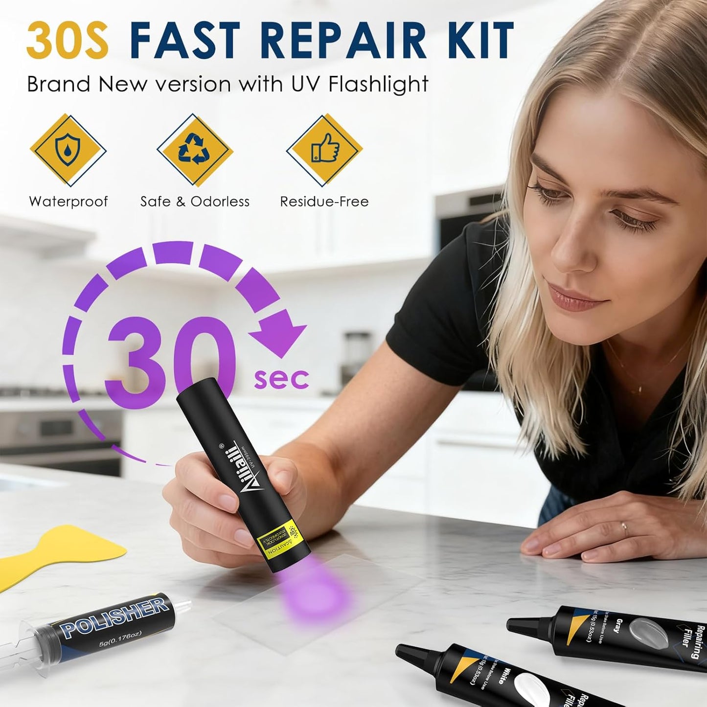 Quartz Countertop Repair Kit, Granite & Marble Repair Kit with 4*15g Filler(White,Beige, Gray,Clear), 30s Fast Repair Chip, Hole, Scratch, Crack on Fiberglass, Porcelain, Ceramic Tile, Bath Tub, Sink