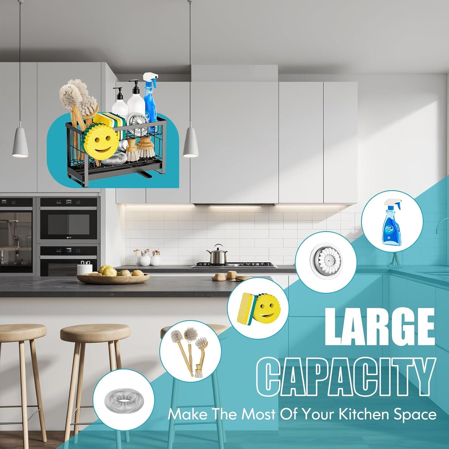 Sponge Holder for Kitchen Sink with Flexible Sink Caddy Smiley Face,2 Tier Kitchen Sponge Holder Countertop and Storage Essentials,Soap Dispenser Organize,Home Decor Accessories-Black