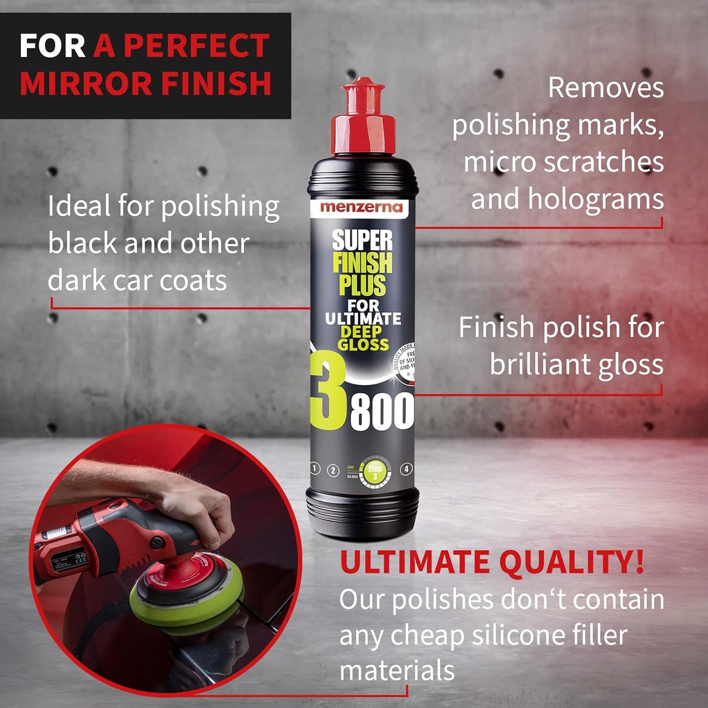 menzerna “Super Finish Plus 3800” I Deep Gloss Polish for a Perfect Mirror Finish I Polishing Compound for Micro Scratches & Holograms I Silicone Free I 8 fl oz.