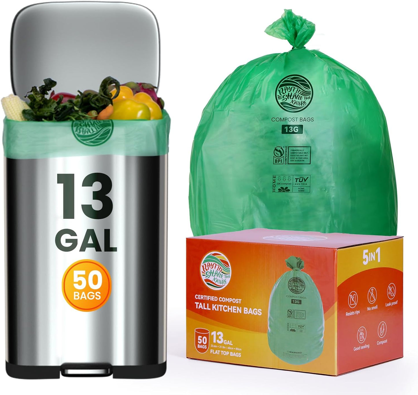 Trash bags 13+ gallon tall kitchen,Compostable Trash Lawn & Leaf Yard Waste Bags,Kitchen Compost Trash Bin Compatible,Extra Thick1.1 Mills,Certified by BPI and OK Compost(50count)