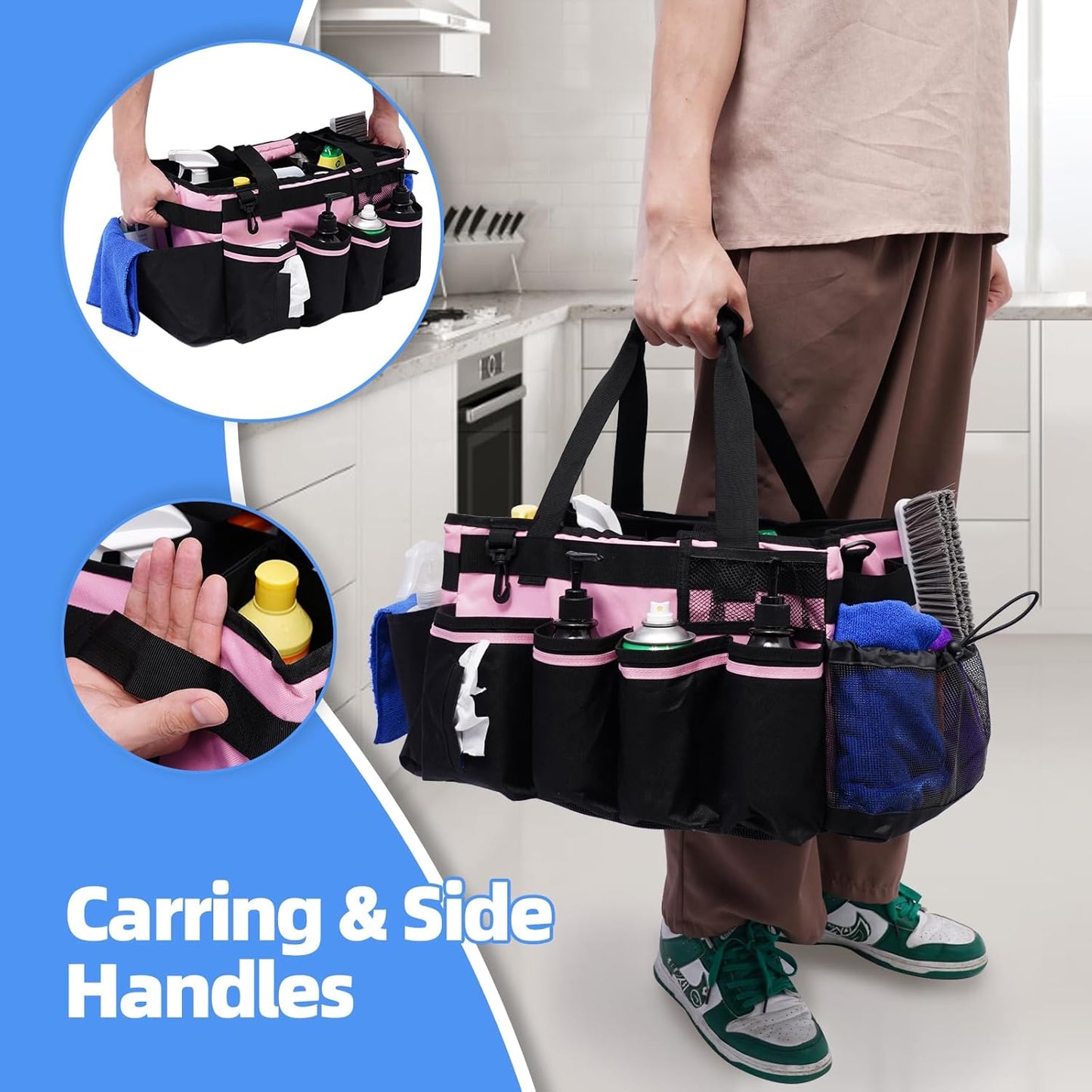 Large Cleaning Caddy, Professional Wearable Supplies Bag for Housekeepers, House Cleaners, and Car Detailing - Organizer Tote With Handle, Pink