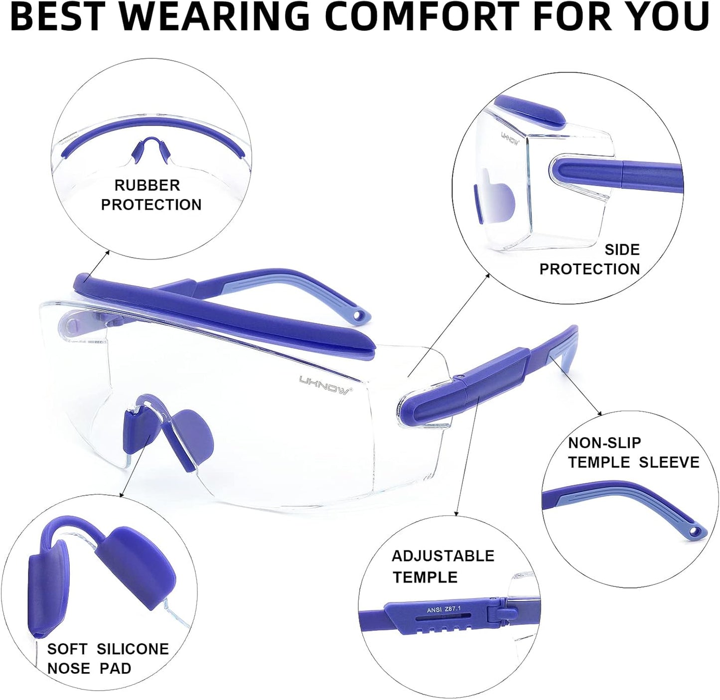 UKNOW Safety Goggles Over Glasses, Safety Glasses Anti Fog Wraparound Eye Protection, Protective Eyewear ANSI Z87.1