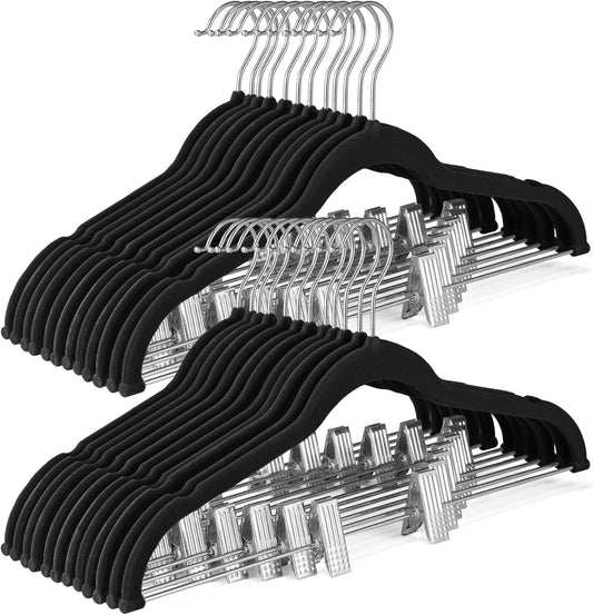 HOUSE DAY Black Velvet Skirt Hangers 48 Pack, Pant Hanger with Adjustable Clips, Space Saving Non Slip Clip Hangers for Pants, Skirts, Shorts