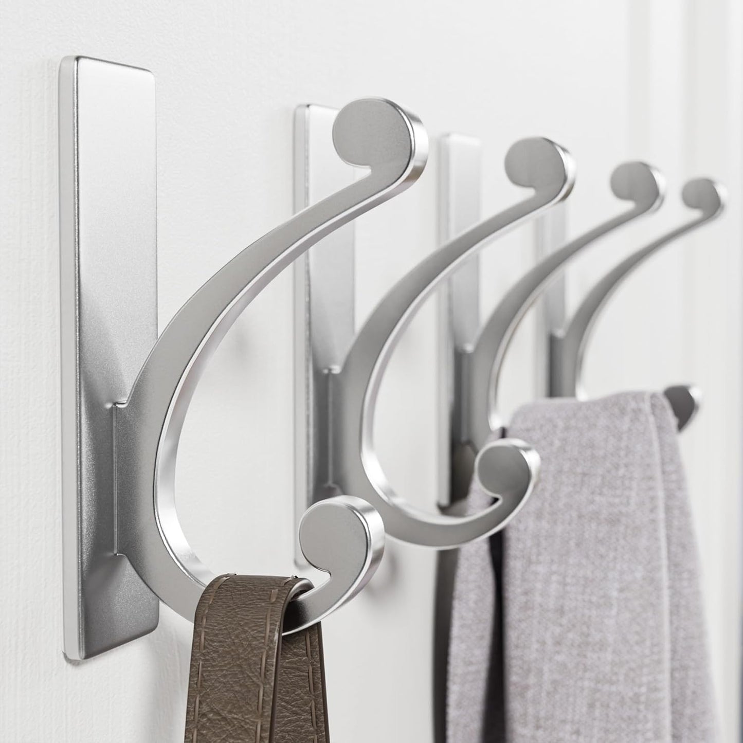 Adhesive Wall Hook for Towel/Coat - Extra Sticky 10LB Stainless, Stick on Hanger for Bath or Shower, Matt Silver 4-Pack