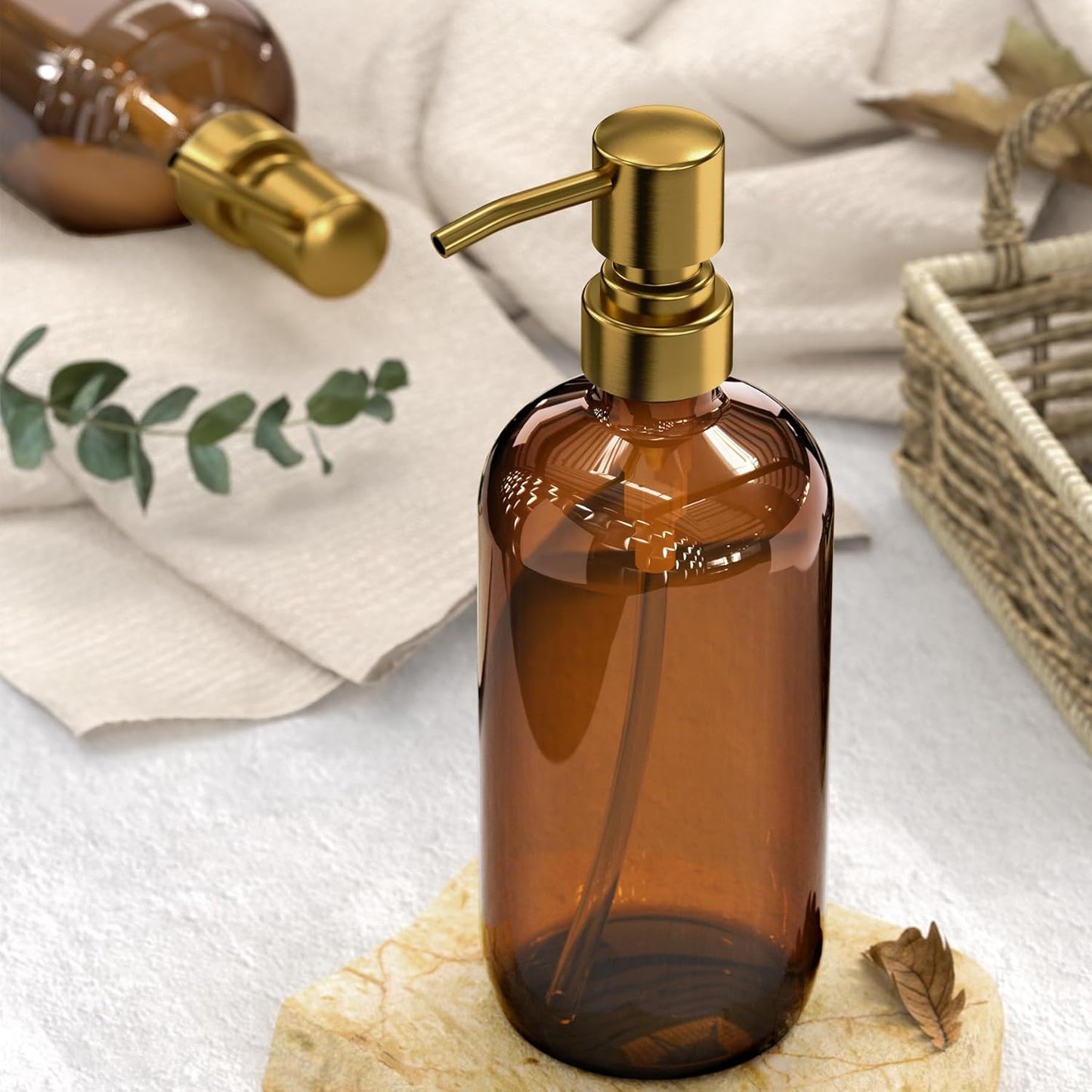 AmazerBath Amber Glass Soap Dispenser, 2 Pack Vintage Brown Bottle with Stainless Steel Pump,17 Oz Hand Dish Soap Dispenser Bottle, Modern Soap Dispensers for Bathroom Kitchen