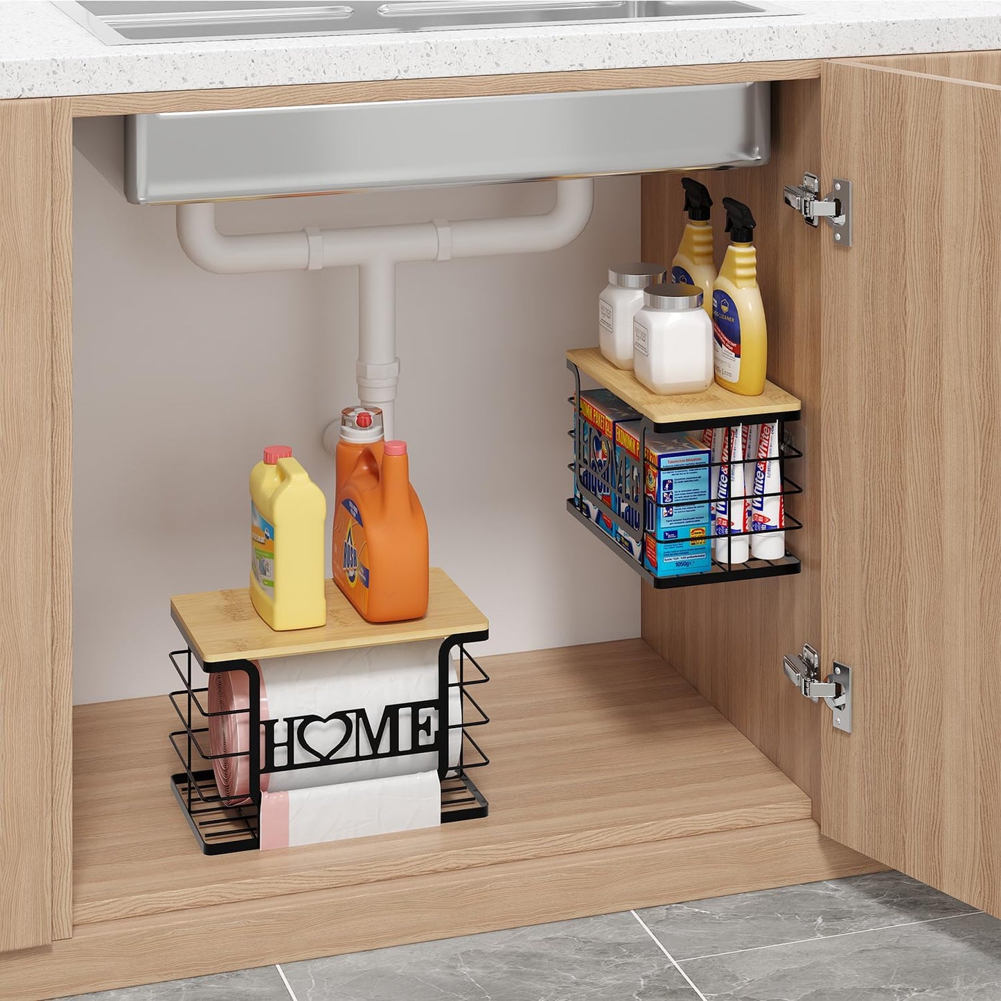 Trash Bag Holder, Thipoten Trash Bags Dispenser with Bamboo Top, Suitable for Garbage Bags Purchased Online or Supermarket, Perfect Storage Organizers for Cabinet, Under Sink (Black, 2pack-XL/L)