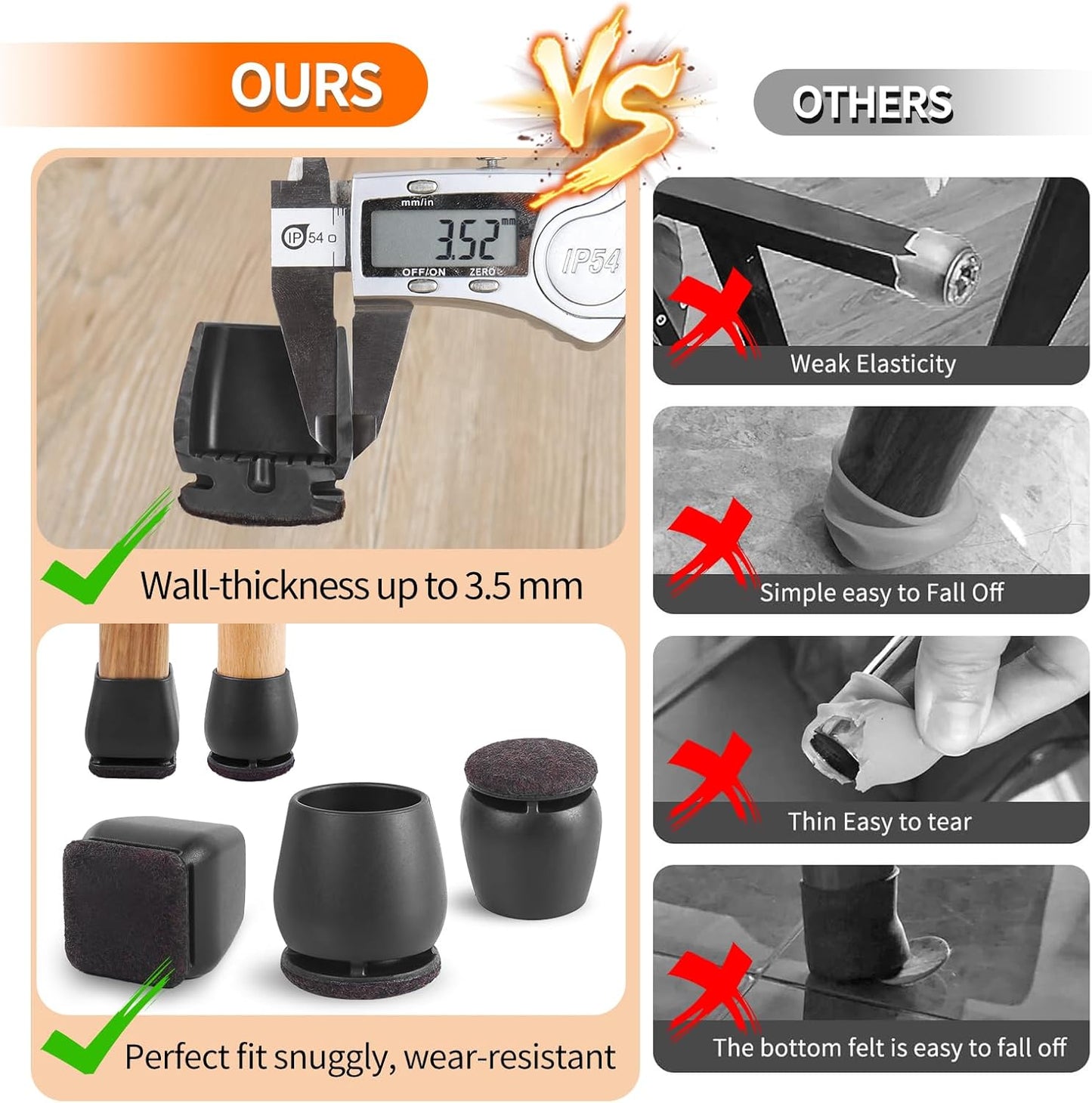 Ezprotekt 24 Pcs Small Square Silicone Chair Leg Floor Protectors for Wood Floors, Felt Furniture Pads Caps, Bar Stool Leg Floor Protectors Covers for Chair Desk Table (Fit 0.5"- 0.8", Black)