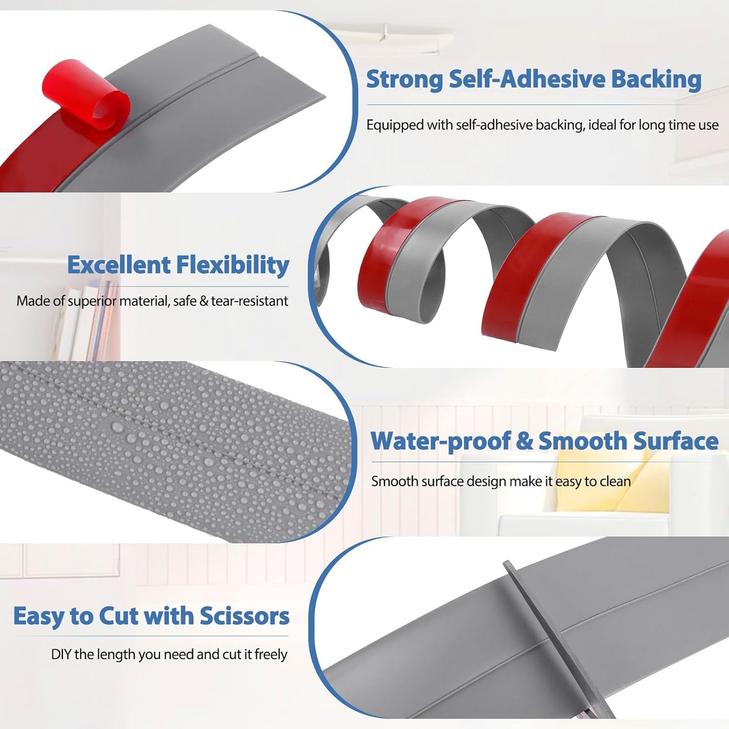 Weather Stripping Door Draft Stopper Flexible Self Adhesive Silicone Door Seal Strip for Glass Doors Windows and Shower Glass Gaps, 2 Inch Wide X 20 Feet Long, Gray