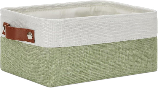 DULLEMELO Small Storage Basket, Fabric Collapsible Gift Storage Basket for Shelves, Closets, Nursery, Home, Office Organizing, Small Canvas Linen Rectangular Storage Bin with Handles (White&Green)