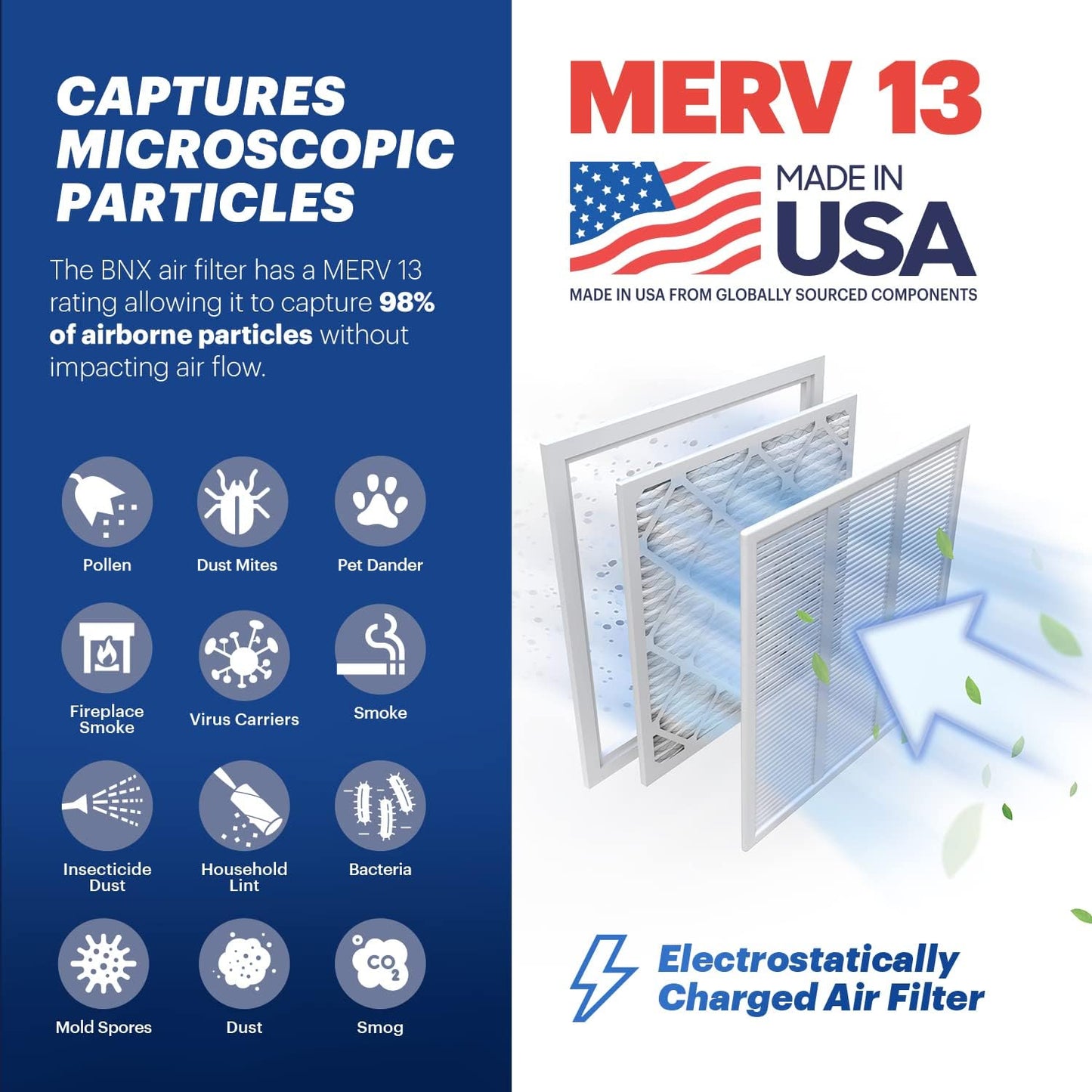BNX TruFilter 16x20x1 Air Filter MERV 13 (6-Pack) - MADE IN USA - Electrostatic Pleated Air Conditioner HVAC AC Furnace Filters for Allergies, Pollen, Mold, Bacteria, Smoke, Allergen, MPR 1900 FPR 10