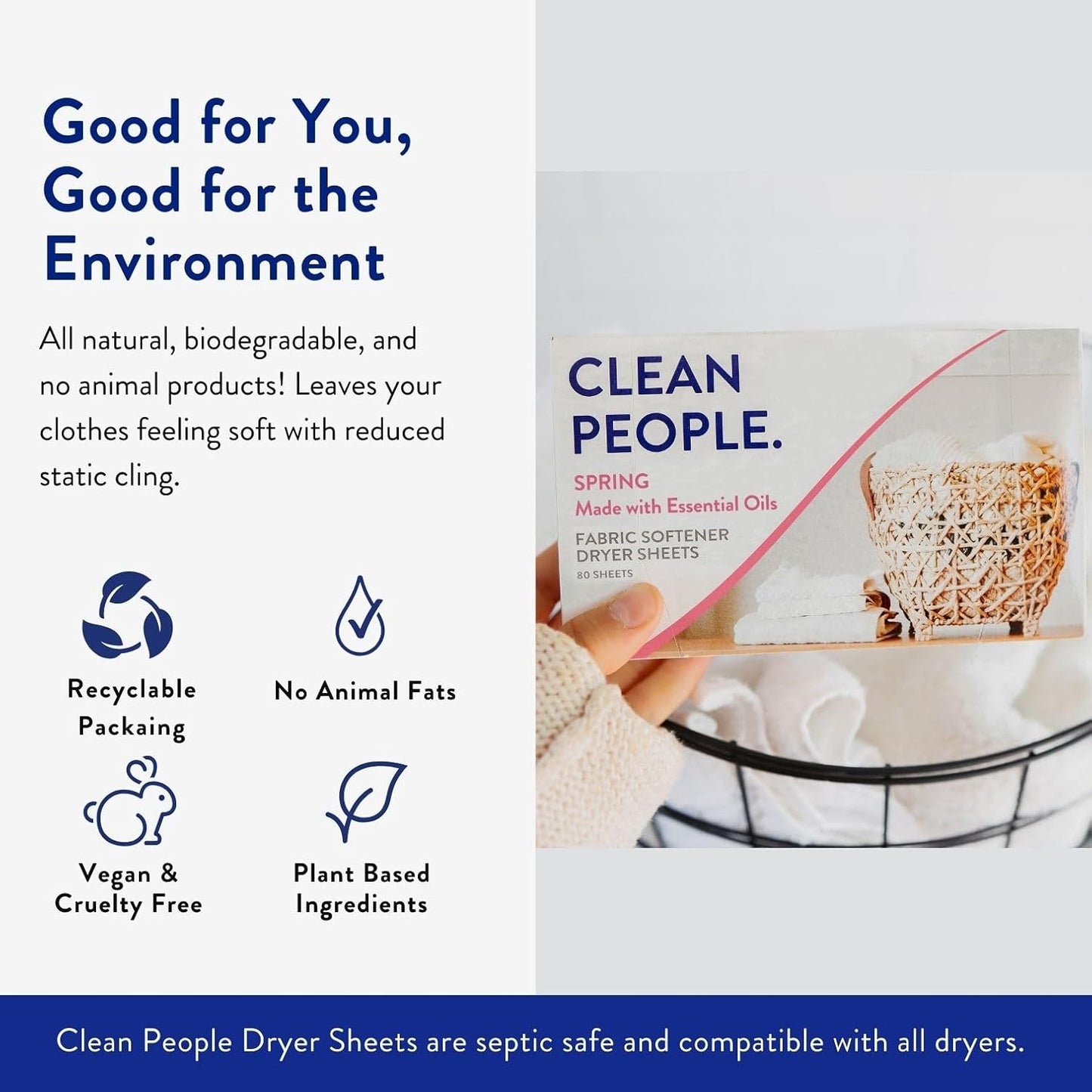 The Clean People Fabric Softener Dryer Sheets - Softens & Removes Static Cling - Vegan - Made with Essential Oils - Spring Scent, 120 Sheets