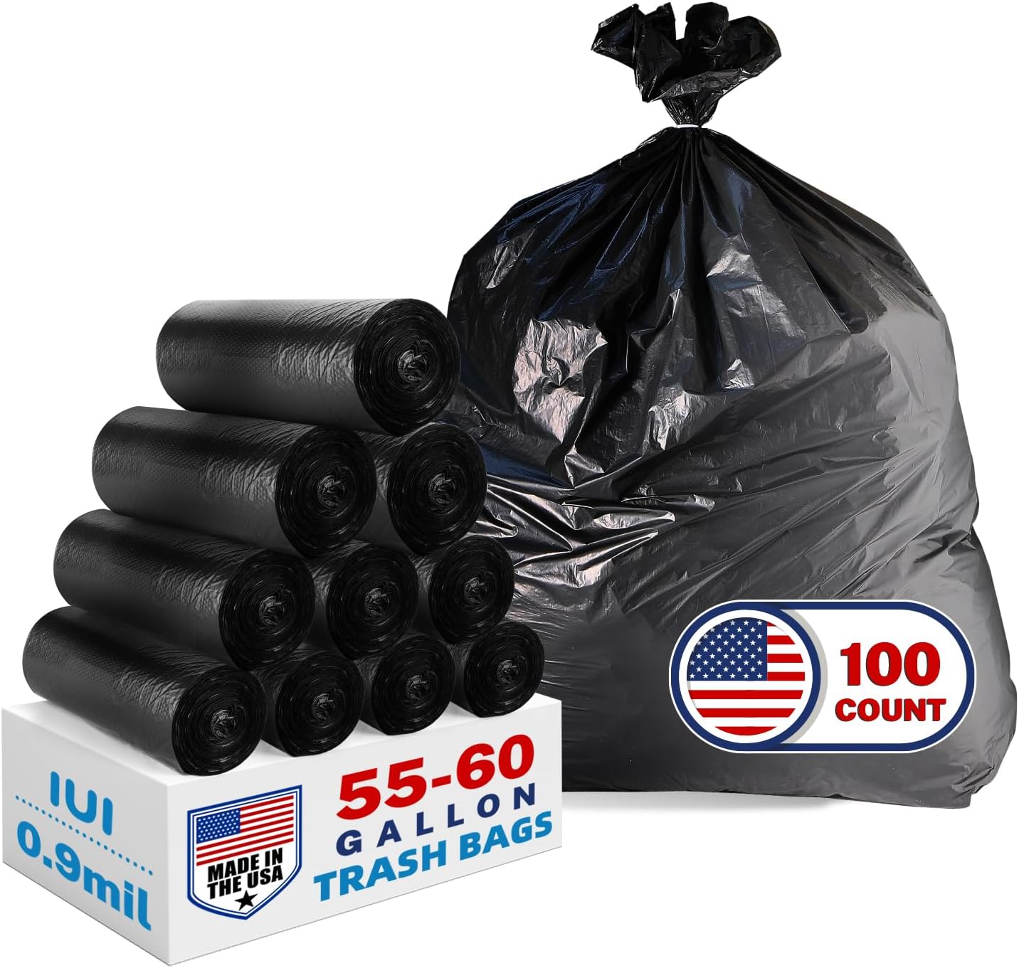 Heavy Duty Trash Bags 55-60 Gallon, Black - 100 Count Bulk Pack | 38" x 58" | Durable & Tear-Resistant Garbage Bags for Home, Commercial, Construction & Outdoor Use | Made in USA