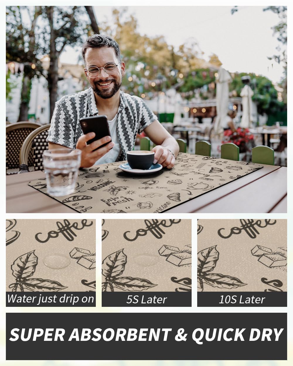 AMOAMI Coffee Mat Hide Stain Rubber Backed Absorbent Dish Drying Mat for Kitchen Counter - Fits Under Coffee Maker & Espresso Machine (12x19, Milk Tea)