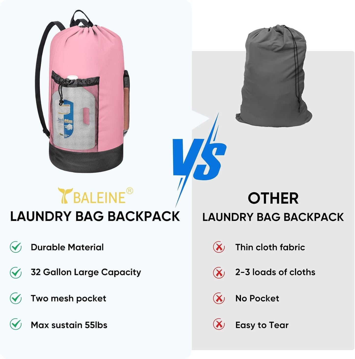 BALEINE 150L Laundry Bag Backpack, 900D Oxford Fabric Large Travel Laundry Bags with Shoulder Straps and 2 Mesh Pockets for College Dorm, Apartment, Laundromat (Pink, 150L)
