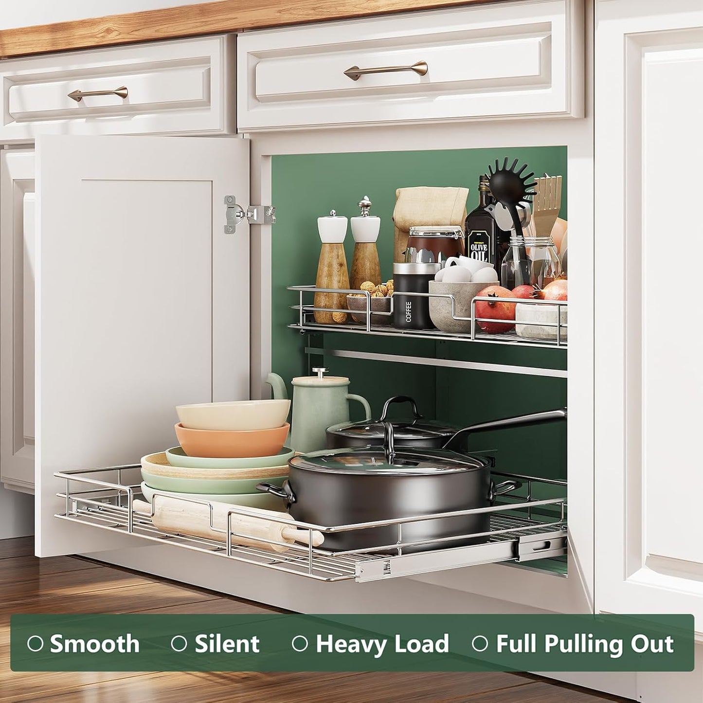 LOVMOR 2 Tier Individual Pull Out Cabinet Organizer 27" W x 21½" D, Slide Out Kitchen Cabinet Storage Sliding Shelves