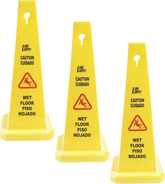 MATTHEW CLEANING 3 Packs 36” Caution Wet Floor Safety Cones for Indoors and Outdoors,Bright Yellow Caution Wet Floor Sign,4-Sided Bilingual Signs,Avoid Fall & Slip Accident