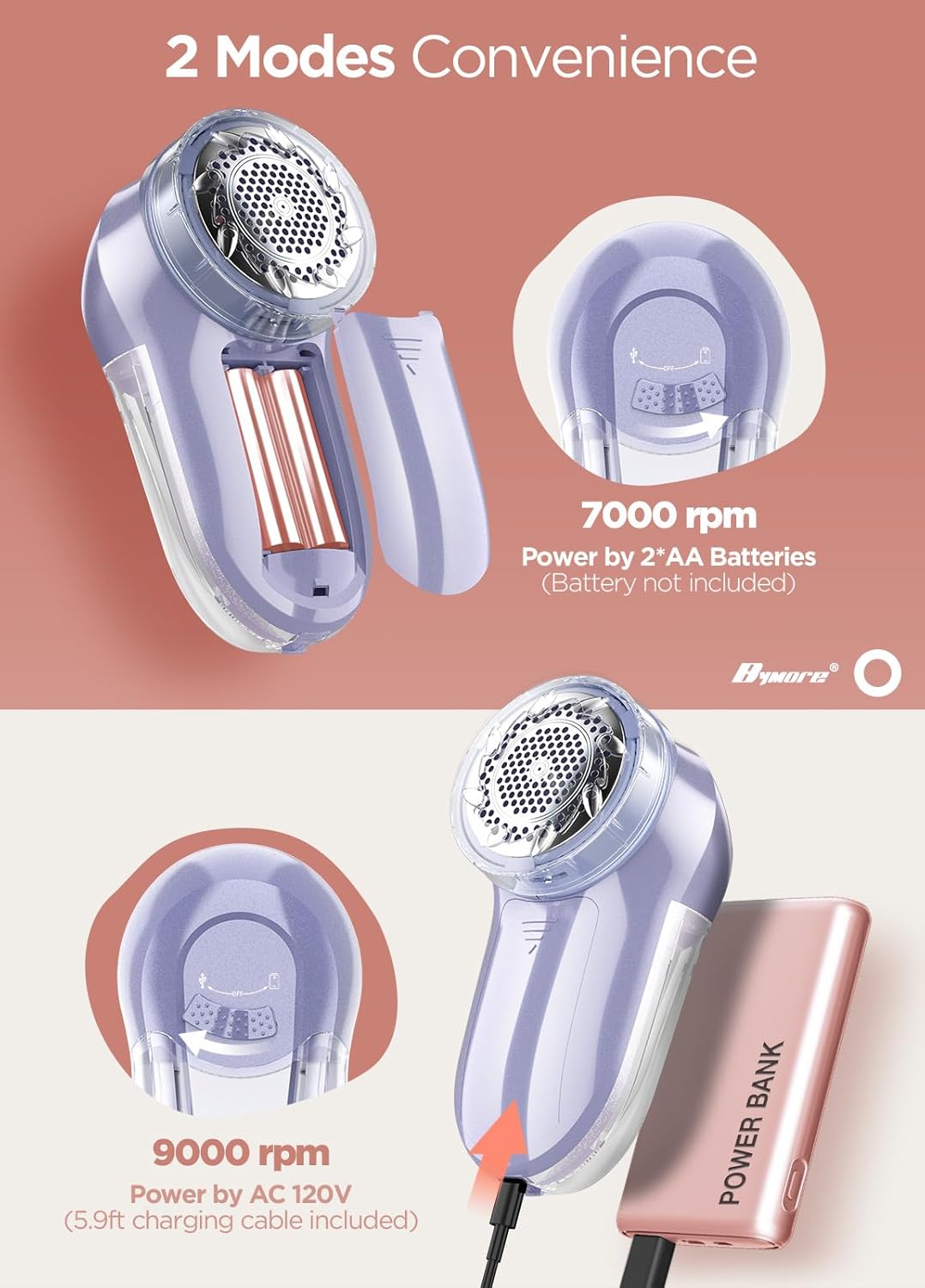 Bymore Fabric Shaver, Lint Remover, Lint Shaver Defuzzer Sweater Shaver for Clothes and Furniture with AC Adapter Pill Fuzz Remover-Purple