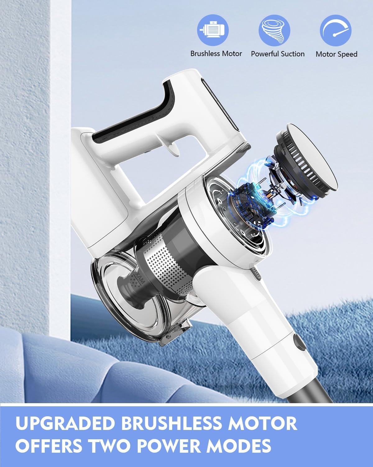 Cordless Vacuums, 80,000PRM Powerful Motor Vacuum Cleaner and 2200mAH Rechargeable Battery up to 35 Mins Worktime, 2 Adjustable Modes, Detachable Parts, Wireless Stick Vacuum (True White)