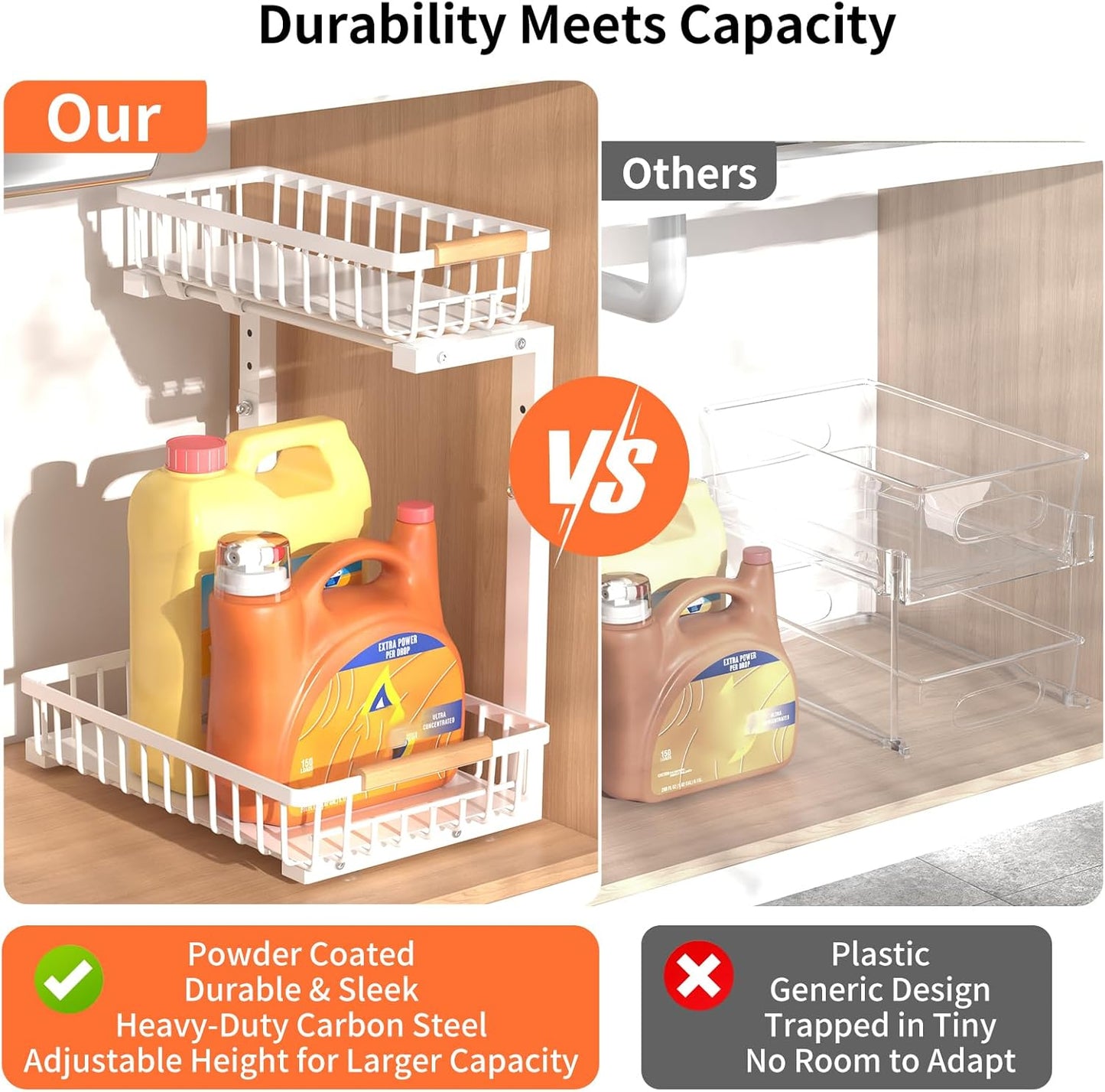 Under Sink Organizer, 2 Pack Under Sink Organizers and Storage, 2-Tier Pull Out Under Cabinet Organizer Storage Shelf, Metal Frame, Height Adjustable Rack for Bathroom Kitchen Pantry