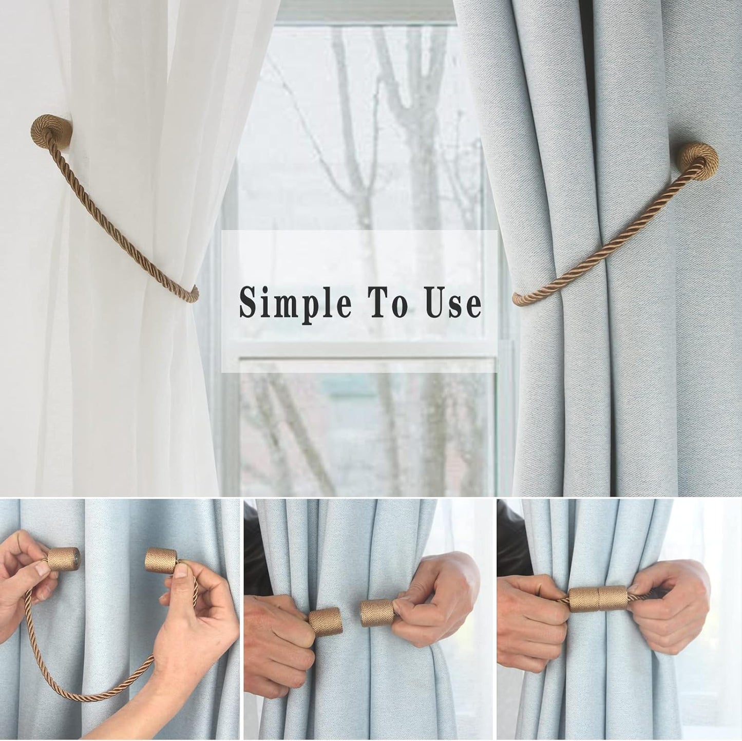 Magnetic Curtain Tiebacks 6 Pack Khaki Curtain Rope Tieback Curtain Holders for Drapes Modern Tie Backs Decorative Curtain Holdbacks
