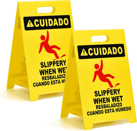 MATTHEW CLEANING 19'' 2 Pack,Industrial Wet Floor Sign 2-Sided Durable Corrugated Plastic Birght Yellow Multilingual Saety Warning Signs Commercial Caution Wet Fold-out Floor Signs For Indoors Only