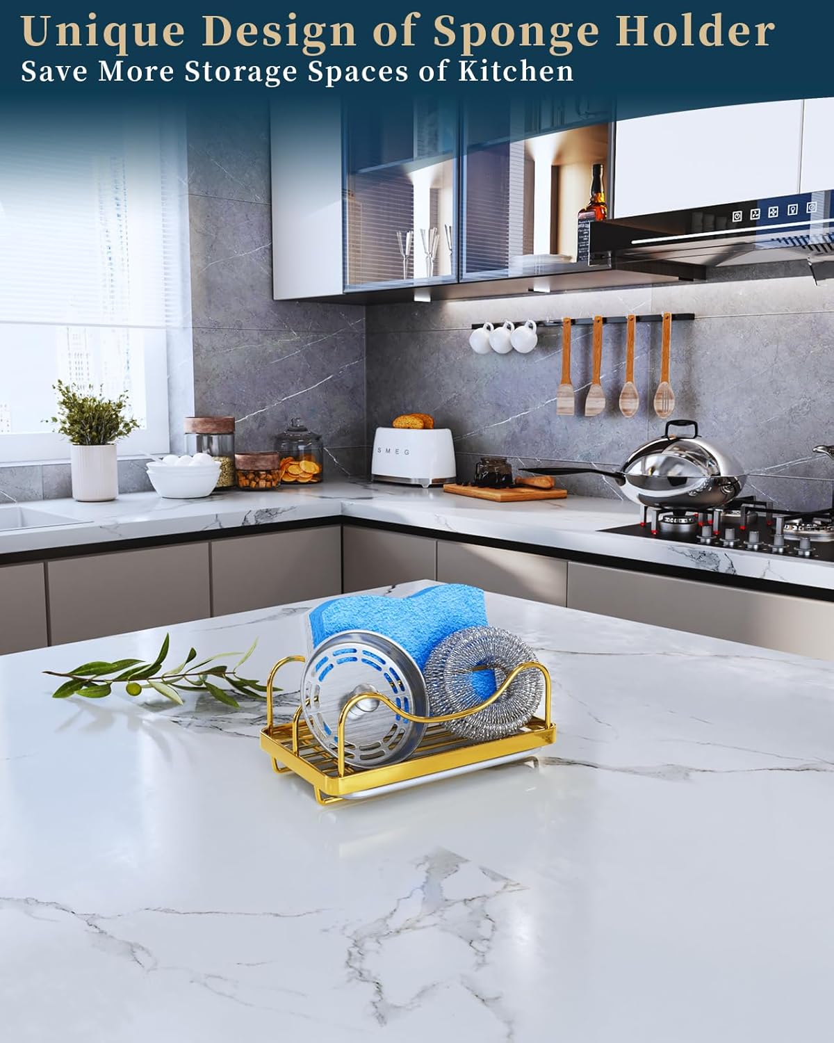 Consumest Sponge Holder for Kitchen Sink - Movable Sink Caddy for Countertop Organizer, 304 Stainless Steel Sponge Holder with Detachable Drip Tray for Kitchen Accessories, Gold