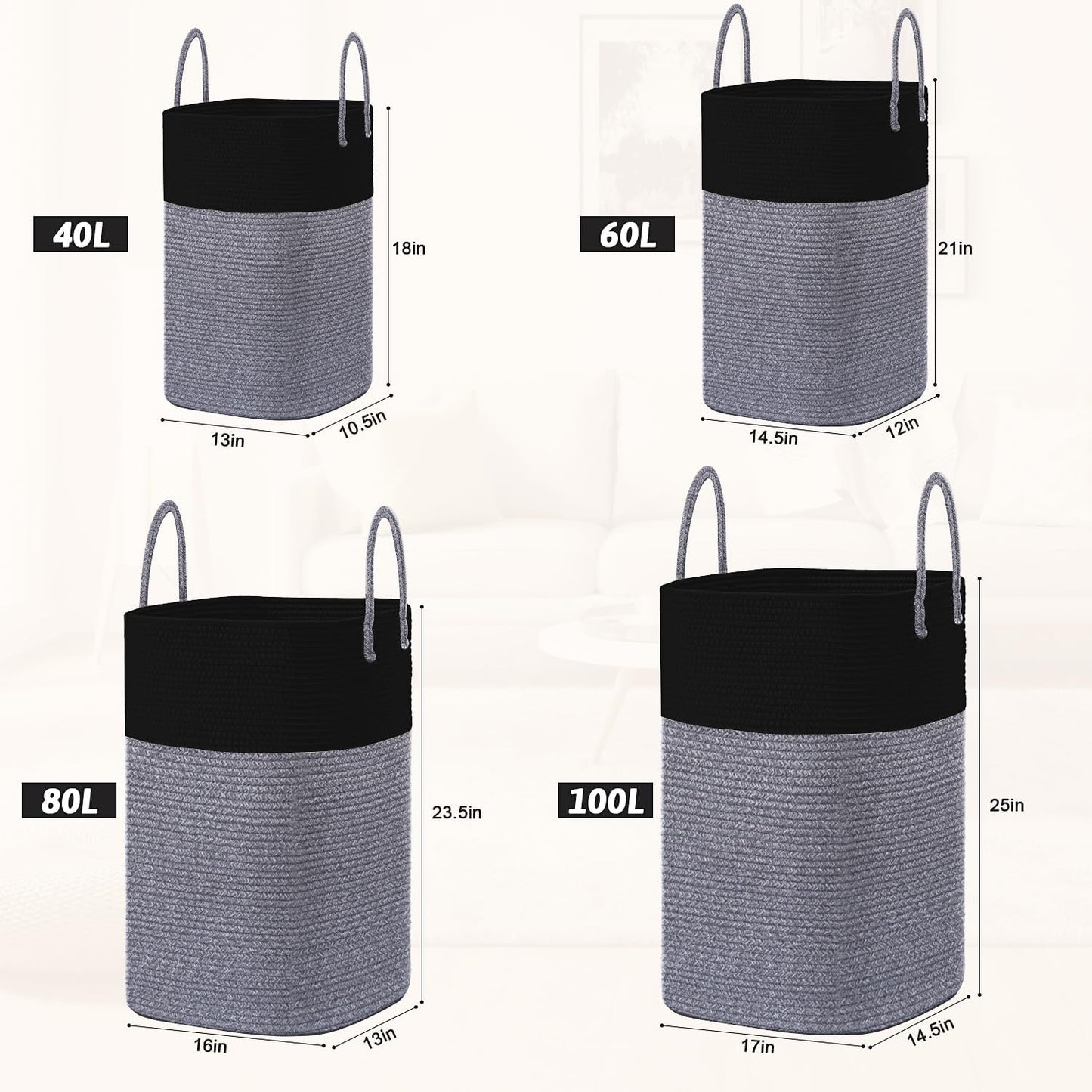 Laundry Basket,Woven Cotton Rope Laundry Hamper,Versatile Storage for Dirty Clothes,Baby Toys,and Blankets in Bathroom, Nursery,and Living Room (Black, 80L)