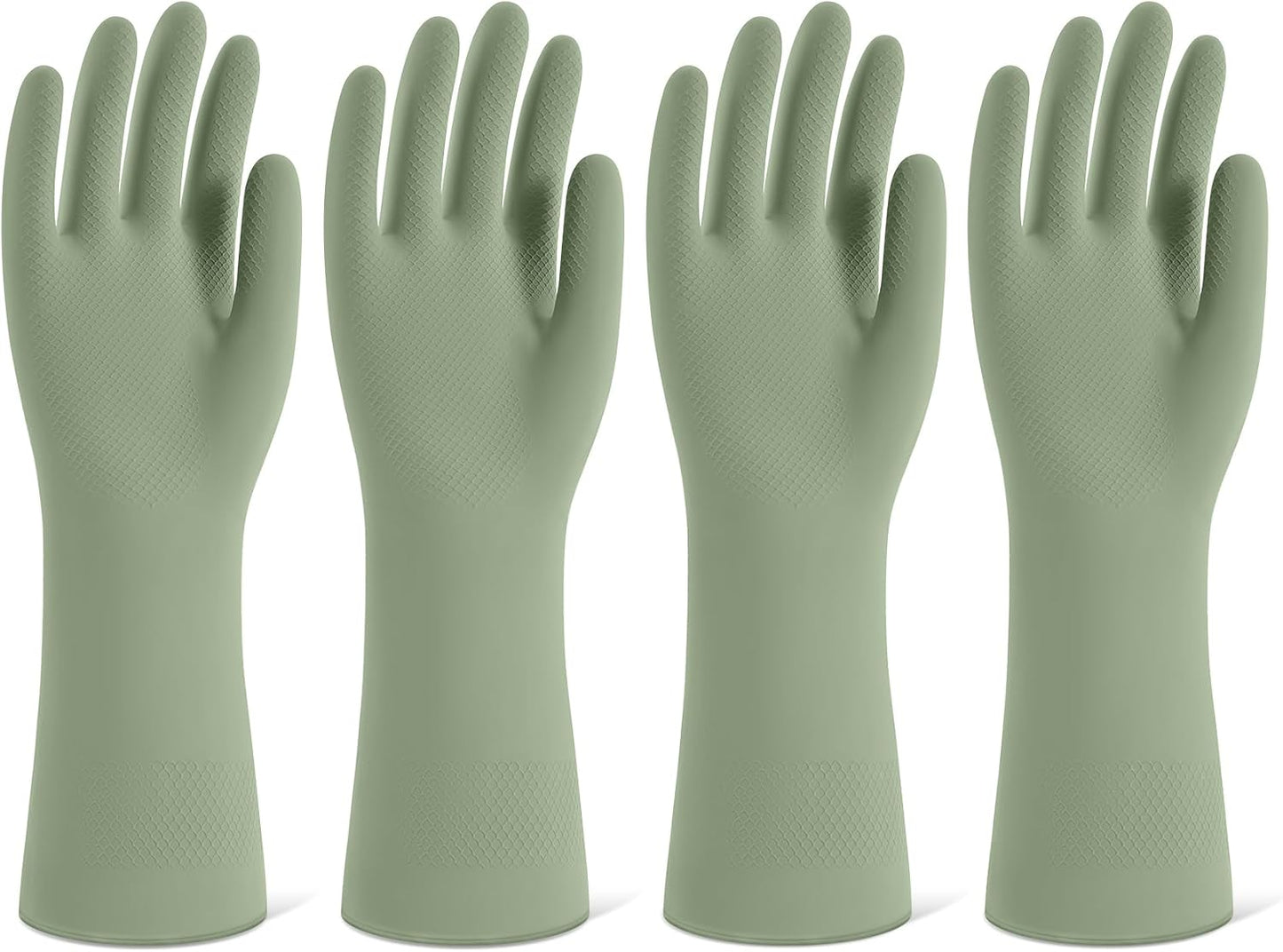 Rubber Cleaning Gloves for Dishwashing, 4 Pairs Reusable Kitchen Gloves for Washing Dishes and Household Cleaning, Green Dish Gloves with Flocked Lining and Non-Slip Grip, Pefect for Woman Men - M