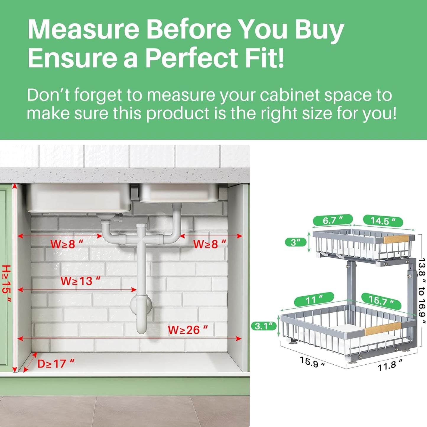 Under Sink Organizer, 2 Packs 2 Tier Under Sink Organizers and Storage, Slide out Pull out Cabinet Organizer Shelf, Metal Sliding Drawer for Kitchen Bathroom Pantry Closet Rack(Grey)