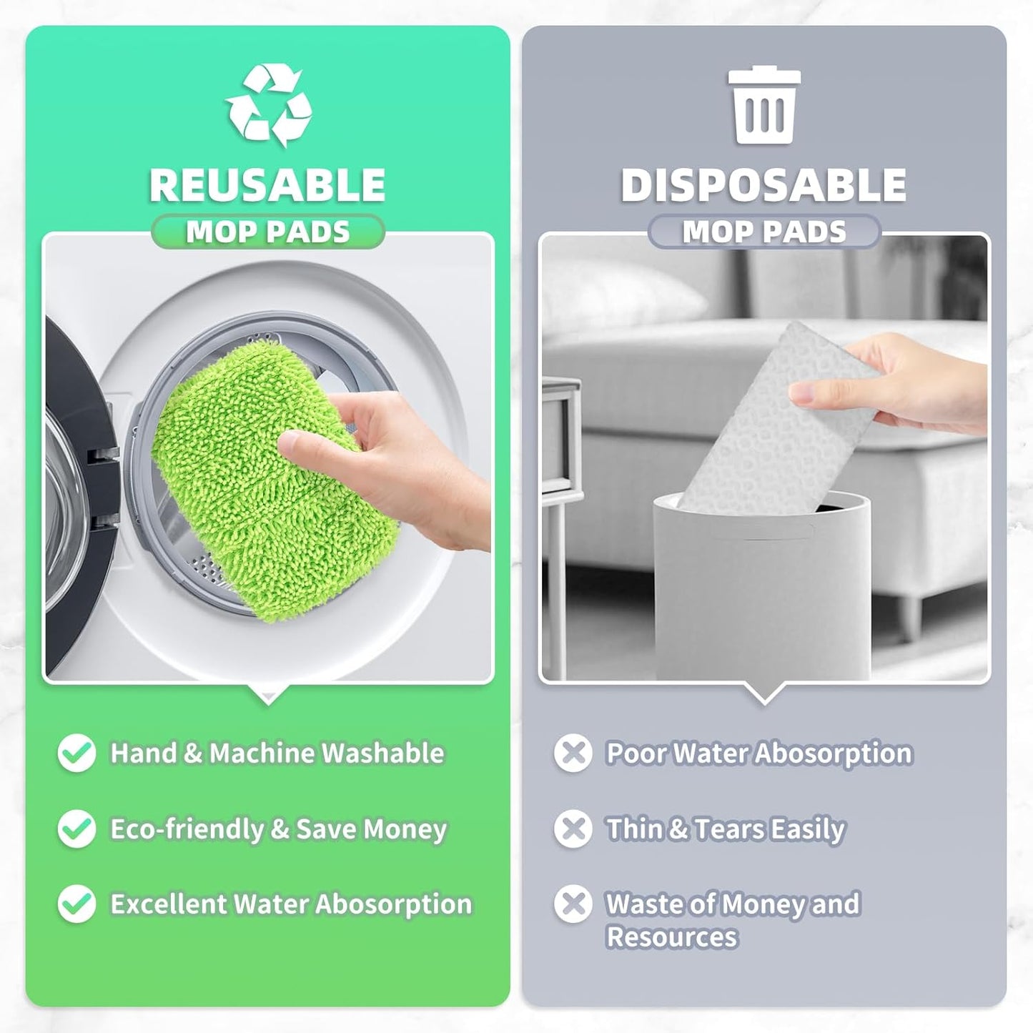 8 Pack Reusable Mop Pads Compatible with Swiffer Sweeper, Microfiber Chenille Washable Swiffer Mop Pads, Dry & Wet Sweeping Mopping Cloths (Green)