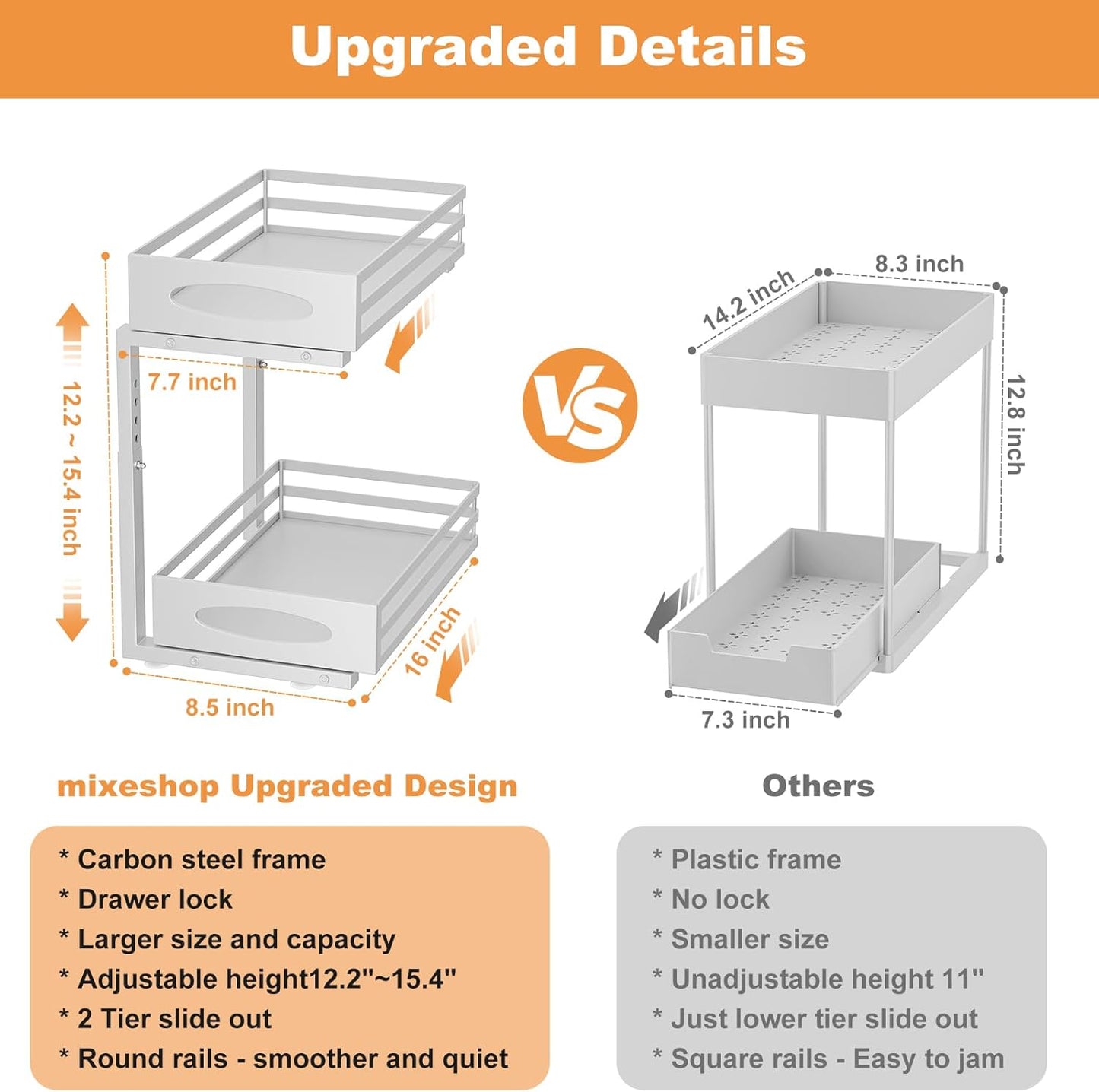 Under Sink Organizer, 2 Tier Under Sink Organizers and Storage, Adjustable Height, Slide Out Metal Cabinet Organizers, Pull Out Cabinet Storage Drawer Shelf for Kitchen Bathroom Gray, 2 Pack