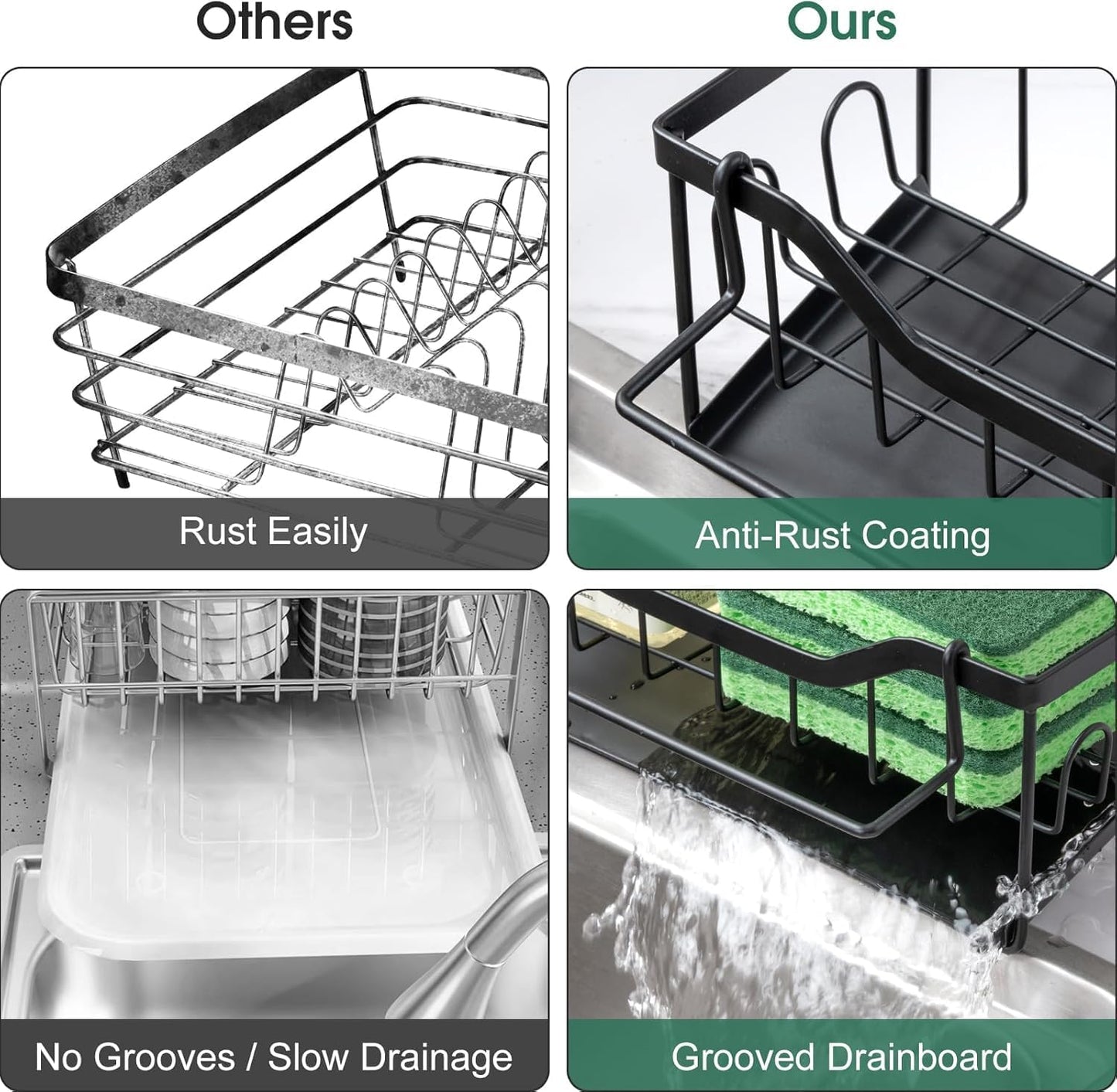 Sponge Holder for Kitchen Sink - Sink Caddy Organizer with Auto Drain Tray, Detachable Towel Rack, Stainless Steel Kitchen Counter Organizer Rack, Black