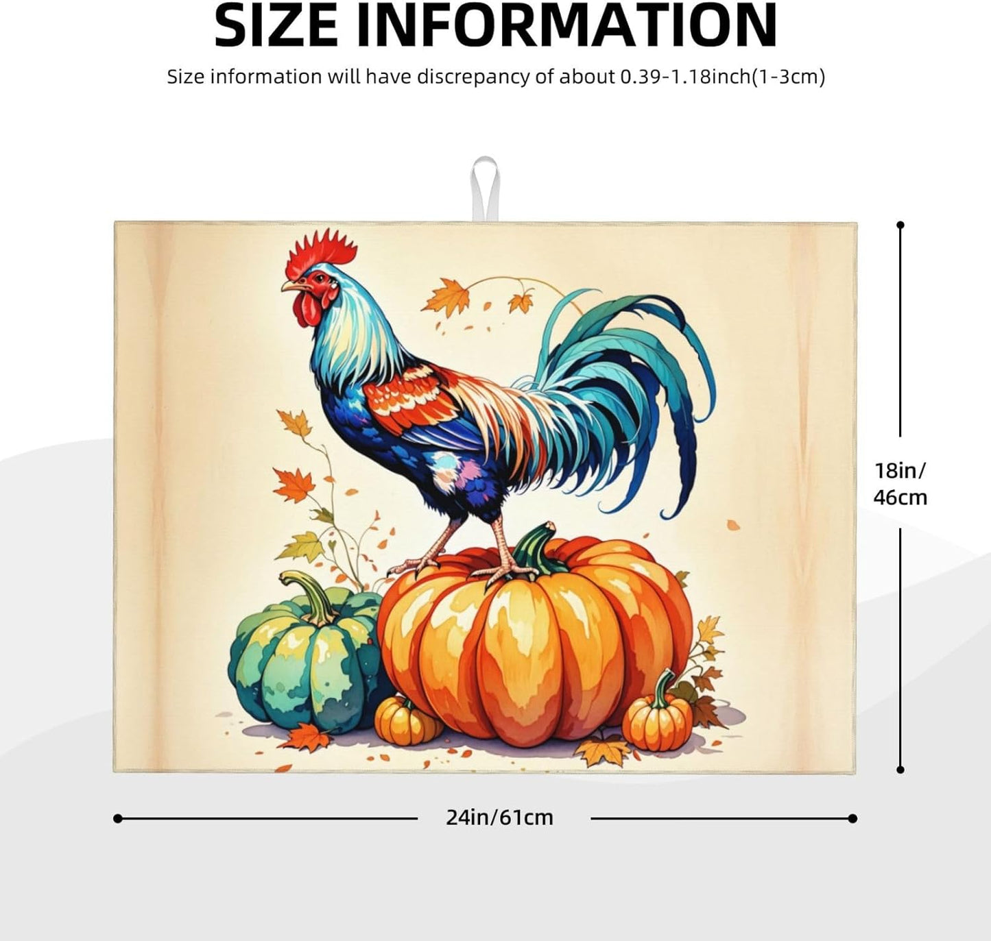 Rooster Pumpkin Dish Drying Mat Highly Absorbent Double-Sided Microfiber with Hanging Loop Reversible Drain Dish Rack Mat Drain Mat Suitable for Kitchen Countertop Coffee Bar 18 x 24 Inch