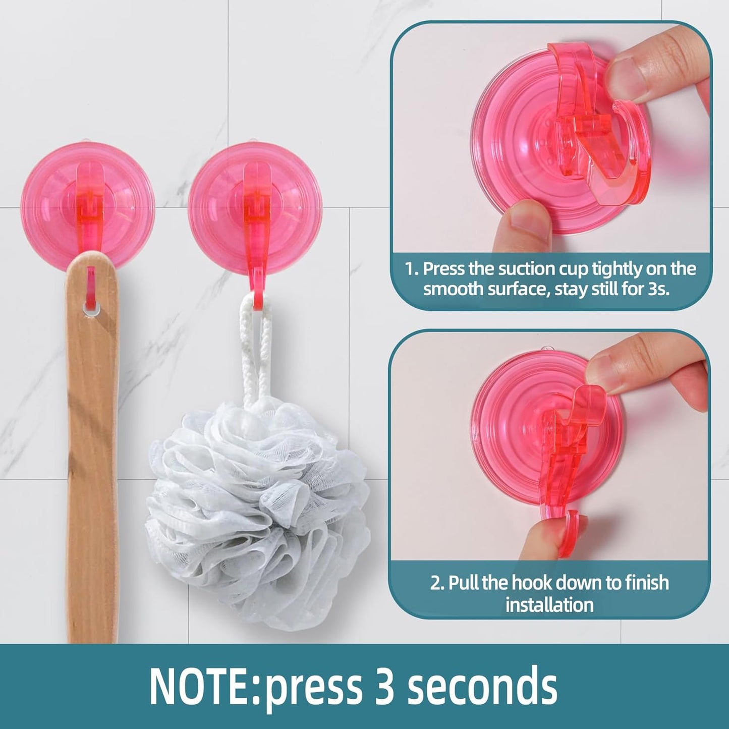 Antimbee 3 Pack Suction Cup Hooks, Clear Suction Cup Hanger, Removable Small Suction Cups for Shower, Bathroom, Glass, Door, Windows, Kitchen-Up to 11 lbs on Smooth Surface (Transparent Pink)