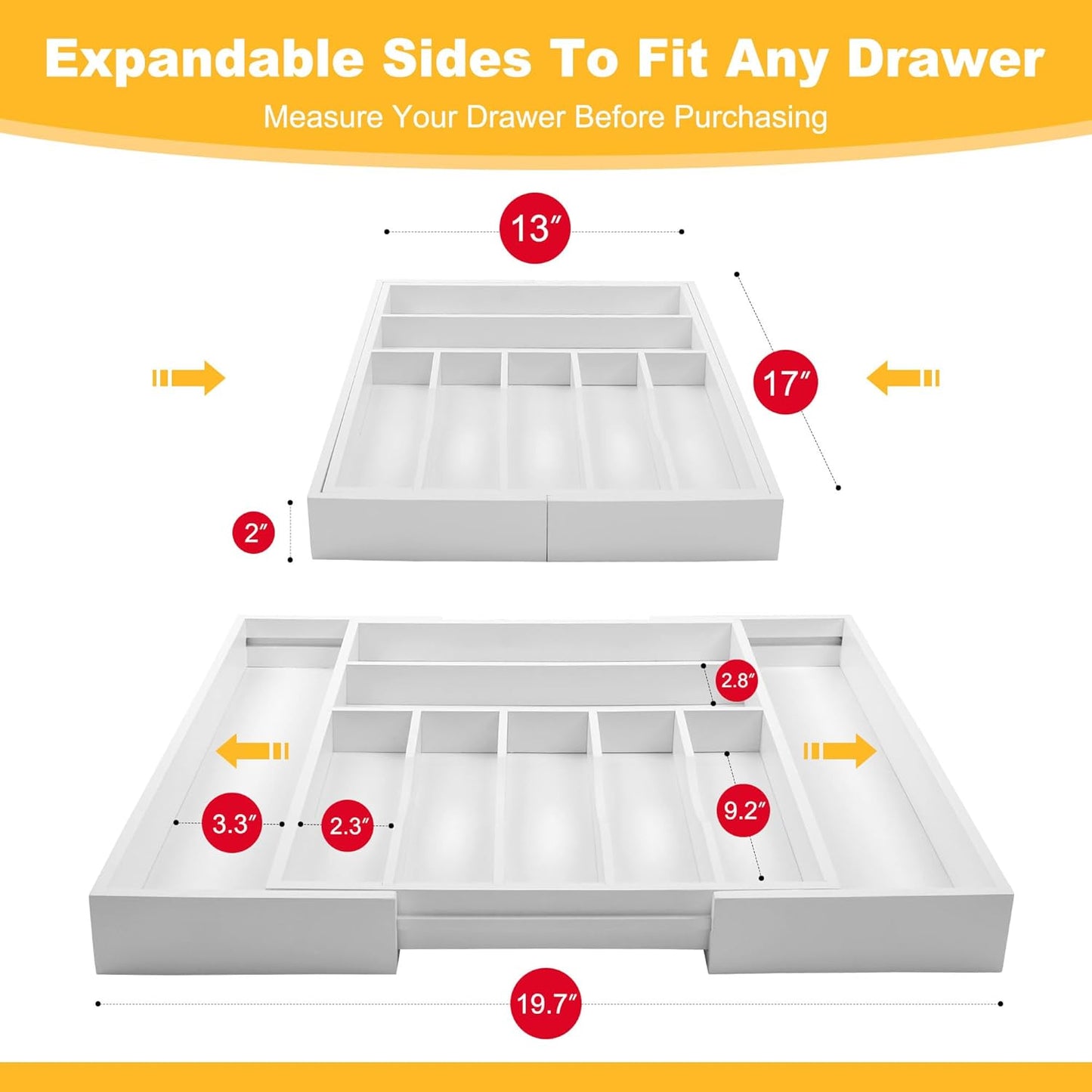 Large Premium Bamboo Silverware Organizer - Expandable Drawer Organizer & Utensil Organizer - 17"x19.7" Cutlery Tray with Dividers for Kitchen Utensils and Flatware (7-9 Slots) (White)