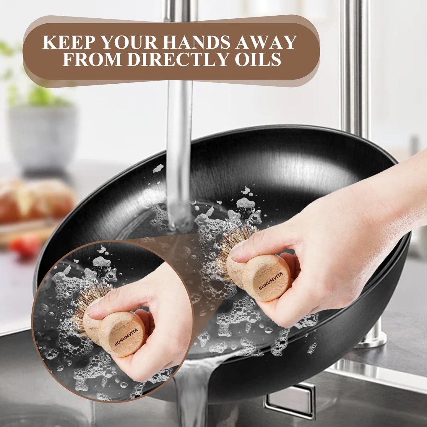 Bamboo Dish Brush Set,4 Pack Kitchen Palm Pot Brush with Union Fiber, Natural Bamboo Dish Scrub Brush for Cleaning Pots,Pans,Sinks,Woks,Vegetables