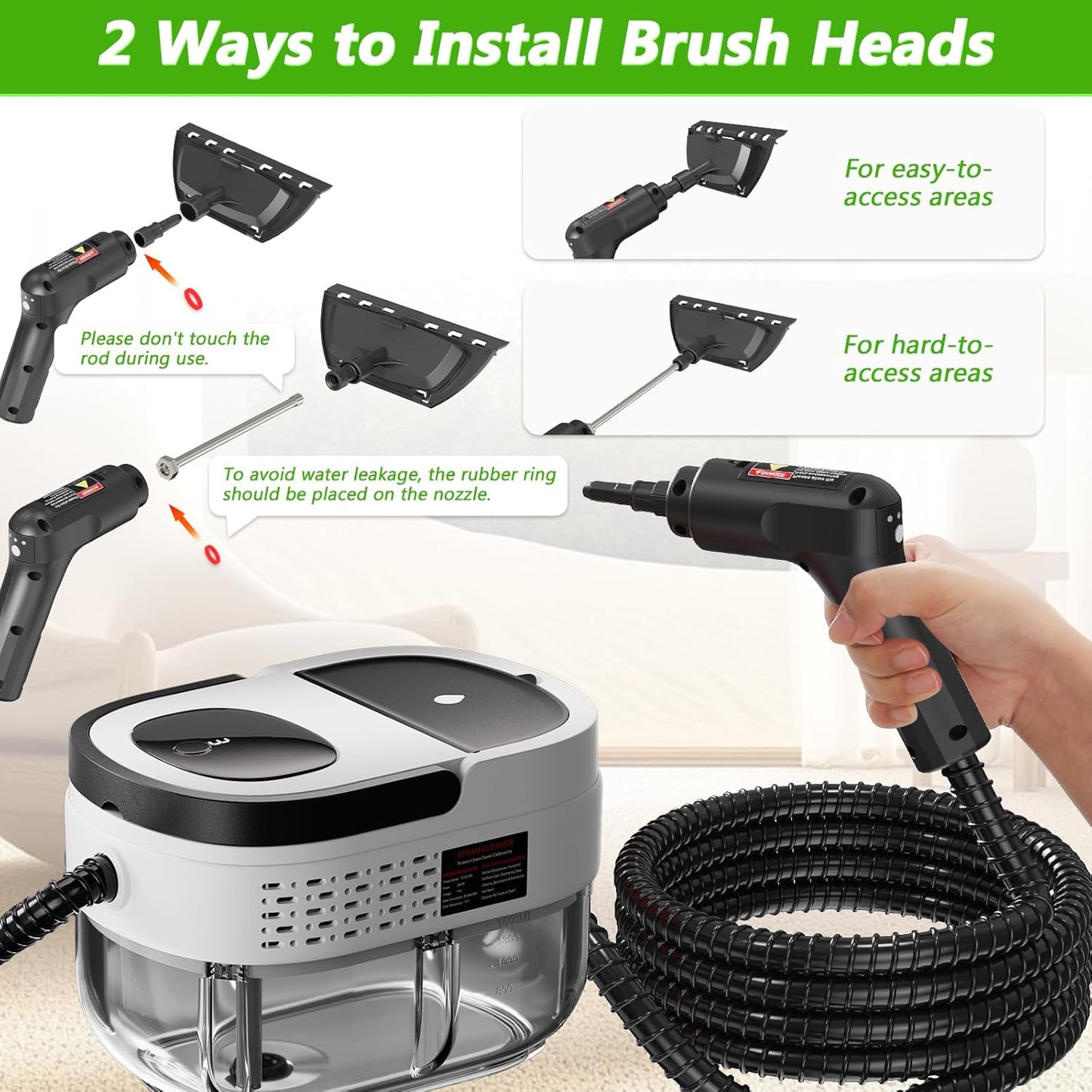 Handheld Steam Cleaner, 2500W High Pressure Steamer for Cleaning, Portable Steam Cleaner with 1.6L Water Tank, 3 Levels Adjustable Handle, Steam Cleaner for Home, Car, Furniture, Bed Bugs (White)