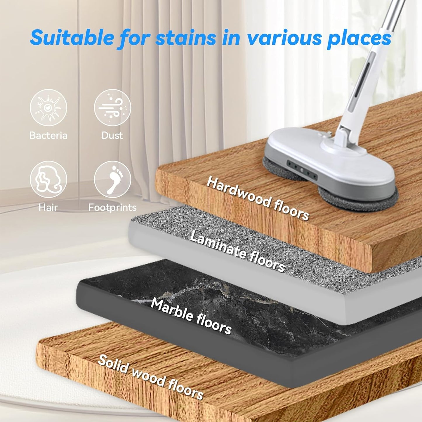 Cordless Electric Mop, Dual Motor Powerful Spin Mop 2600 mAh, Floor Polisher,1H Rechargeable Power Mops with LED Light/Water Sprayer, Electric Mops for Floor Cleaning for Hardwood, Tile, Rotate 180°