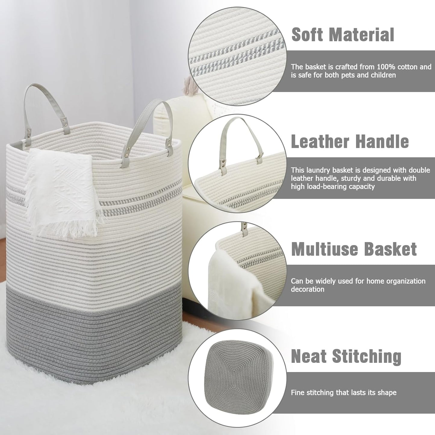 danpinera 100L Nursery Hamper, Tall Woven Laundry Basket with Long Leather Handles, Boho Laundry Hamper for Living Room & Bedroom, Eco-friendly & Convenient Decorative Storage Basket White & Gray