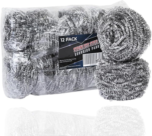 Brheez Stainless Steel Cleaner Scouring Pads [12 Pack] - Industrial & Commercial Strength Large Cleaning Supplies Dish Sponge - Individually Wrapped 50 Gram